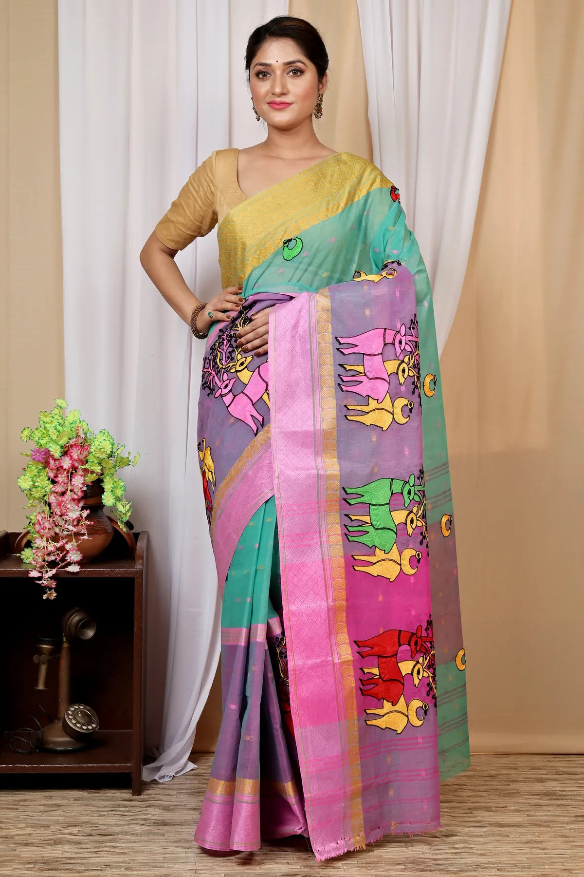 DipDiya Pure Cotton Green and Pink Embi Ganga Indra Weaves with a Story Embroidery Tant Sarees