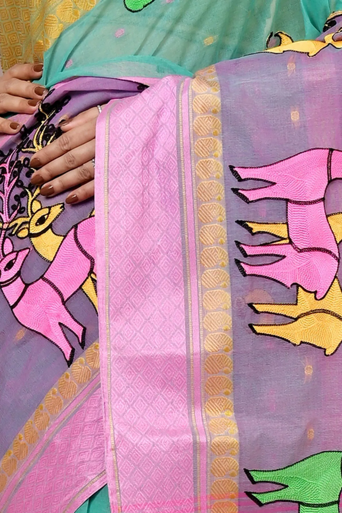 DipDiya Pure Cotton Green and Pink Embi Ganga Indra Weaves with a Story Embroidery Tant Sarees