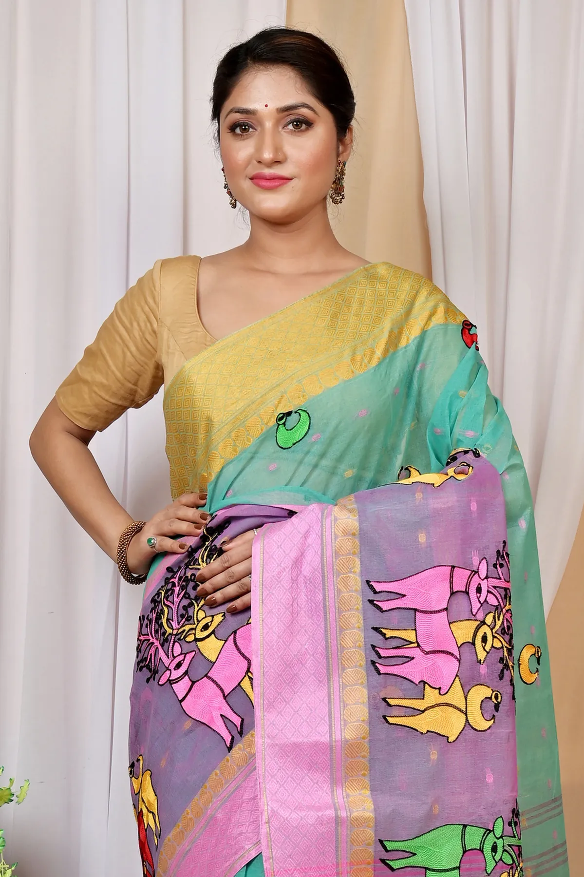 DipDiya Pure Cotton Green and Pink Embi Ganga Indra Weaves with a Story Embroidery Tant Sarees