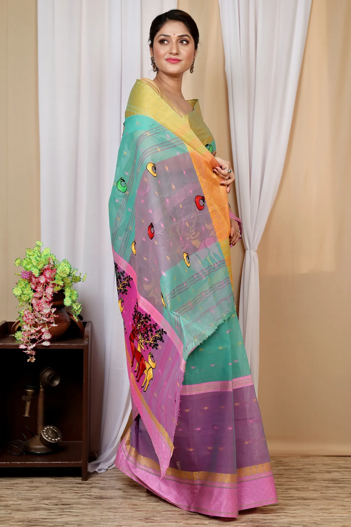 DipDiya Pure Cotton Green and Pink Embi Ganga Indra Weaves with a Story Embroidery Tant Sarees