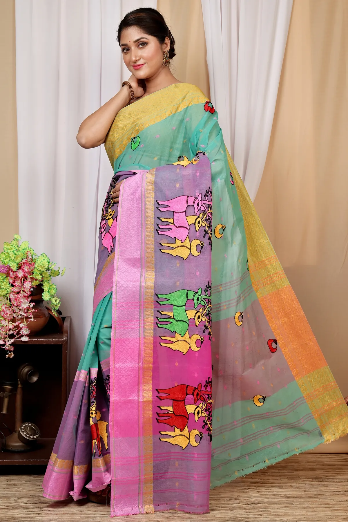 DipDiya Pure Cotton Green and Pink Embi Ganga Indra Weaves with a Story Embroidery Tant Sarees