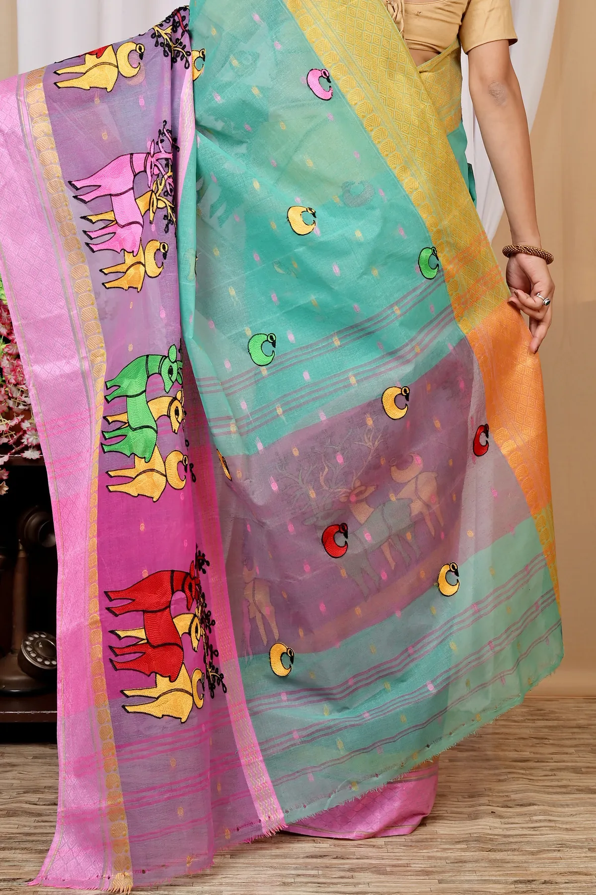 DipDiya Pure Cotton Green and Pink Embi Ganga Indra Weaves with a Story Embroidery Tant Sarees
