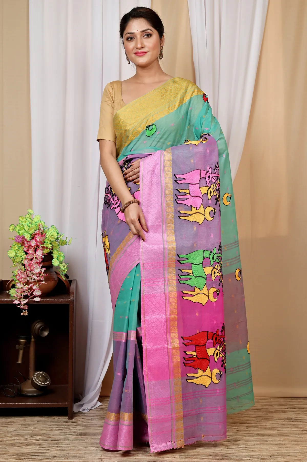 DipDiya Pure Cotton Green and Pink Embi Ganga Indra Weaves with a Story Embroidery Tant Sarees