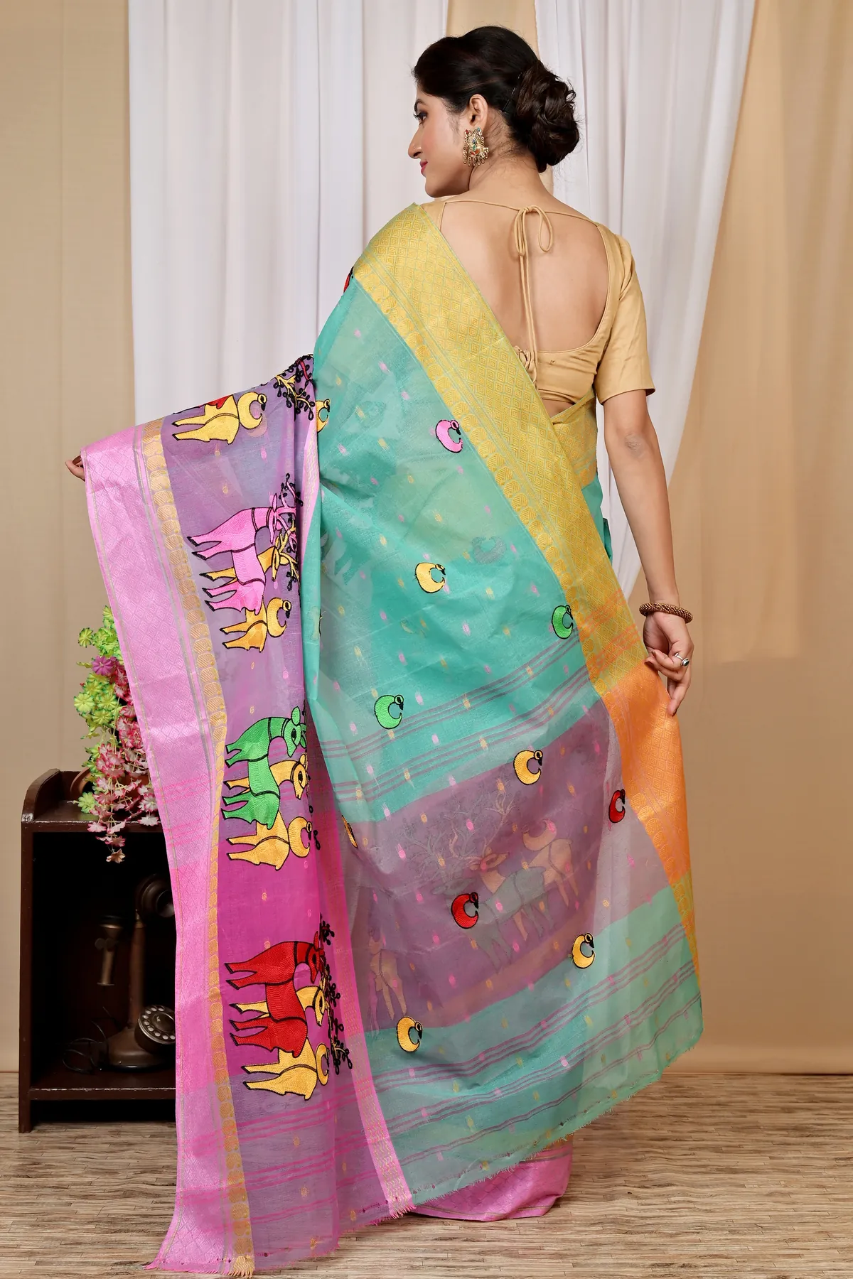 DipDiya Pure Cotton Green and Pink Embi Ganga Indra Weaves with a Story Embroidery Tant Sarees