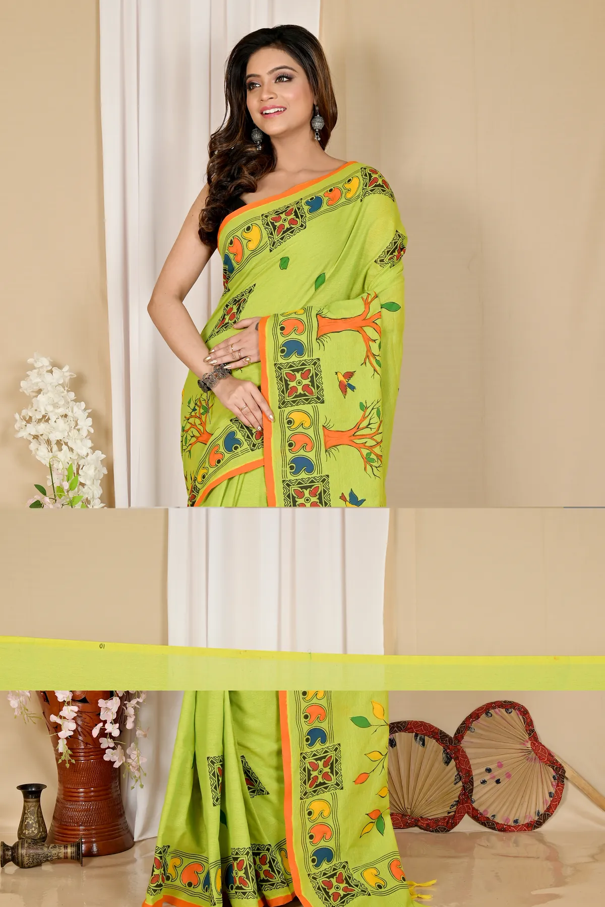 DipDiya Pure Cotton Green Asu Classic Bengali Handloom Sarees