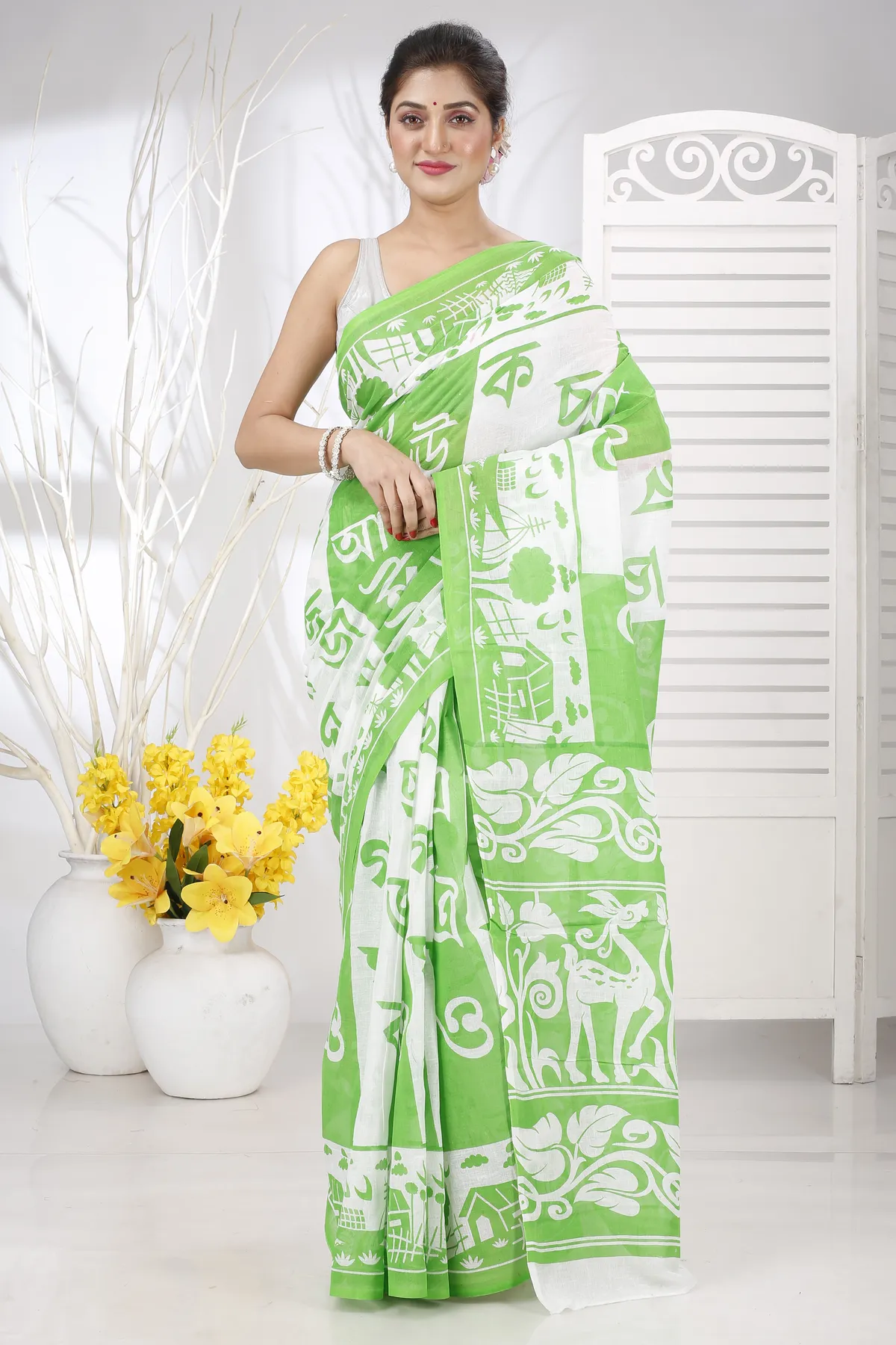 DipDiya Pure Cotton Green Barnomala Classic Bengali Handloom Sarees