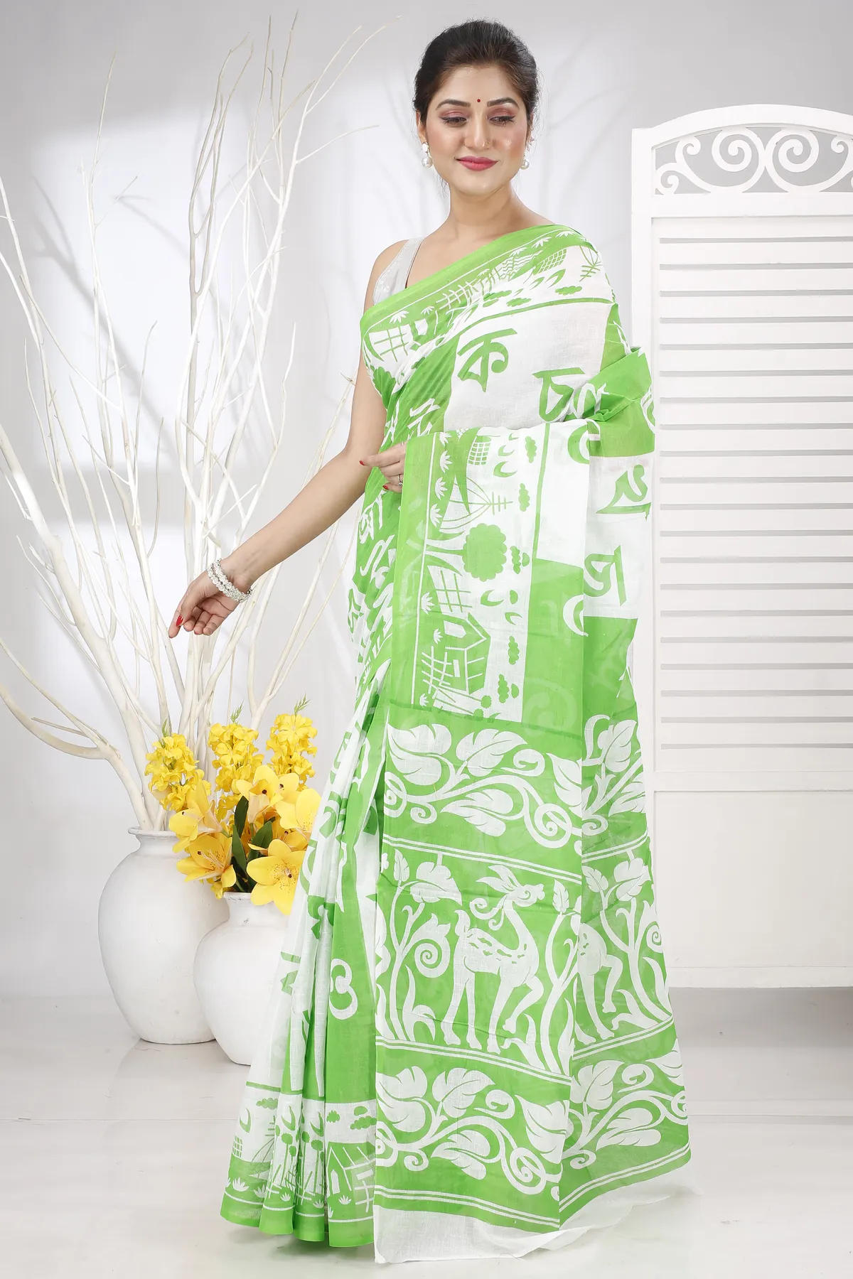 DipDiya Pure Cotton Green Barnomala Classic Bengali Handloom Sarees