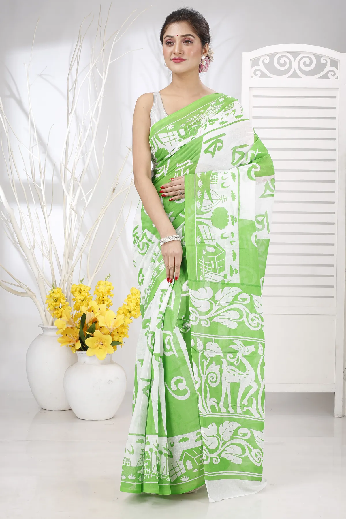 DipDiya Pure Cotton Green Barnomala Classic Bengali Handloom Sarees