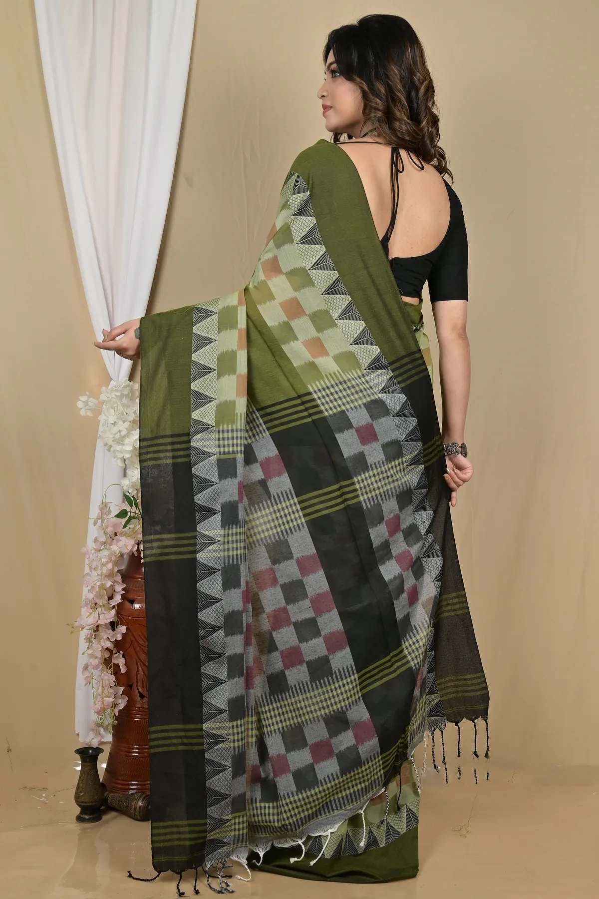 DipDiya Pure Cotton Green Black Hiran Weaves with a Story Handloom Sarees