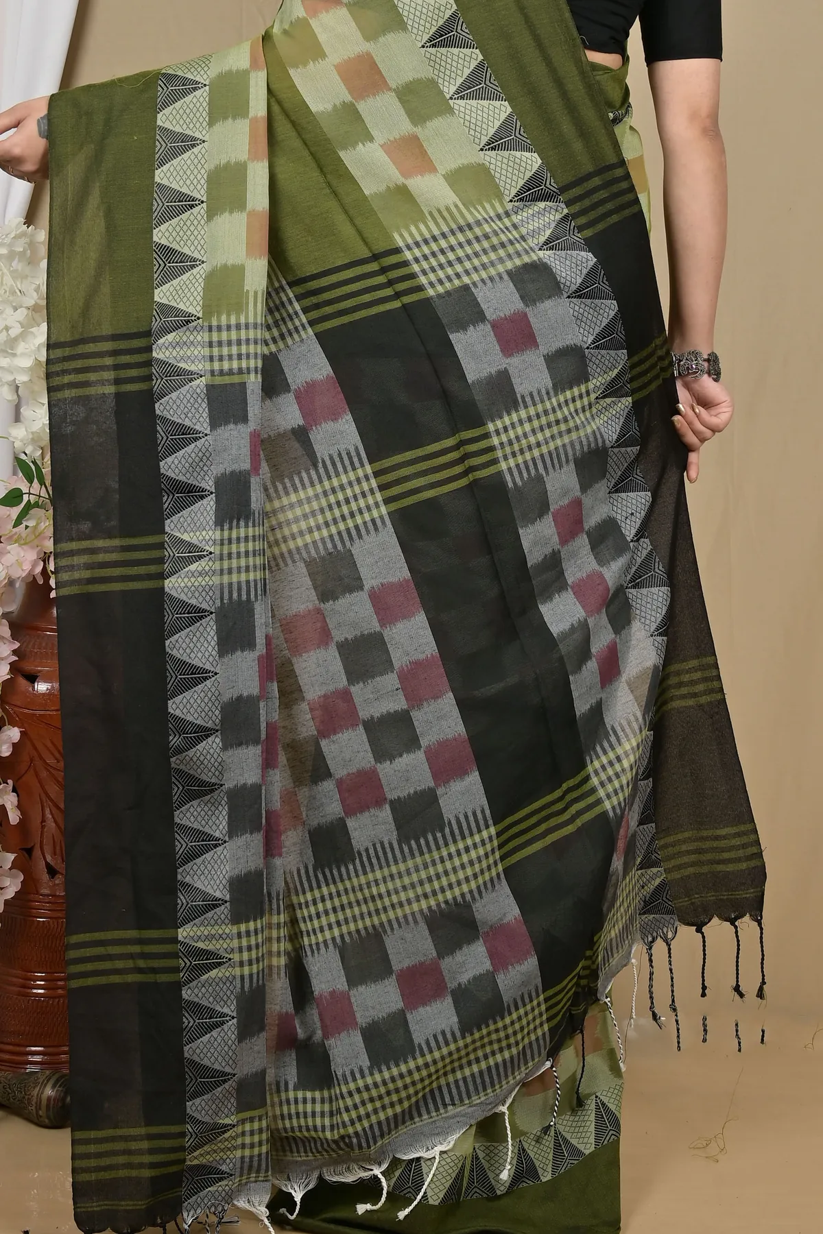 DipDiya Pure Cotton Green Black Hiran Weaves with a Story Handloom Sarees