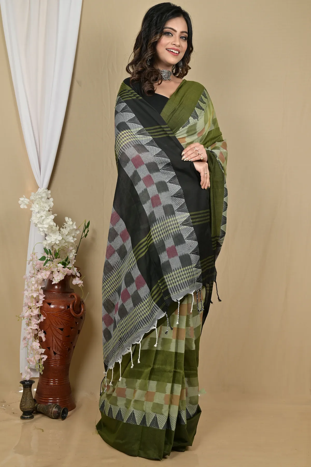 DipDiya Pure Cotton Green Black Hiran Weaves with a Story Handloom Sarees