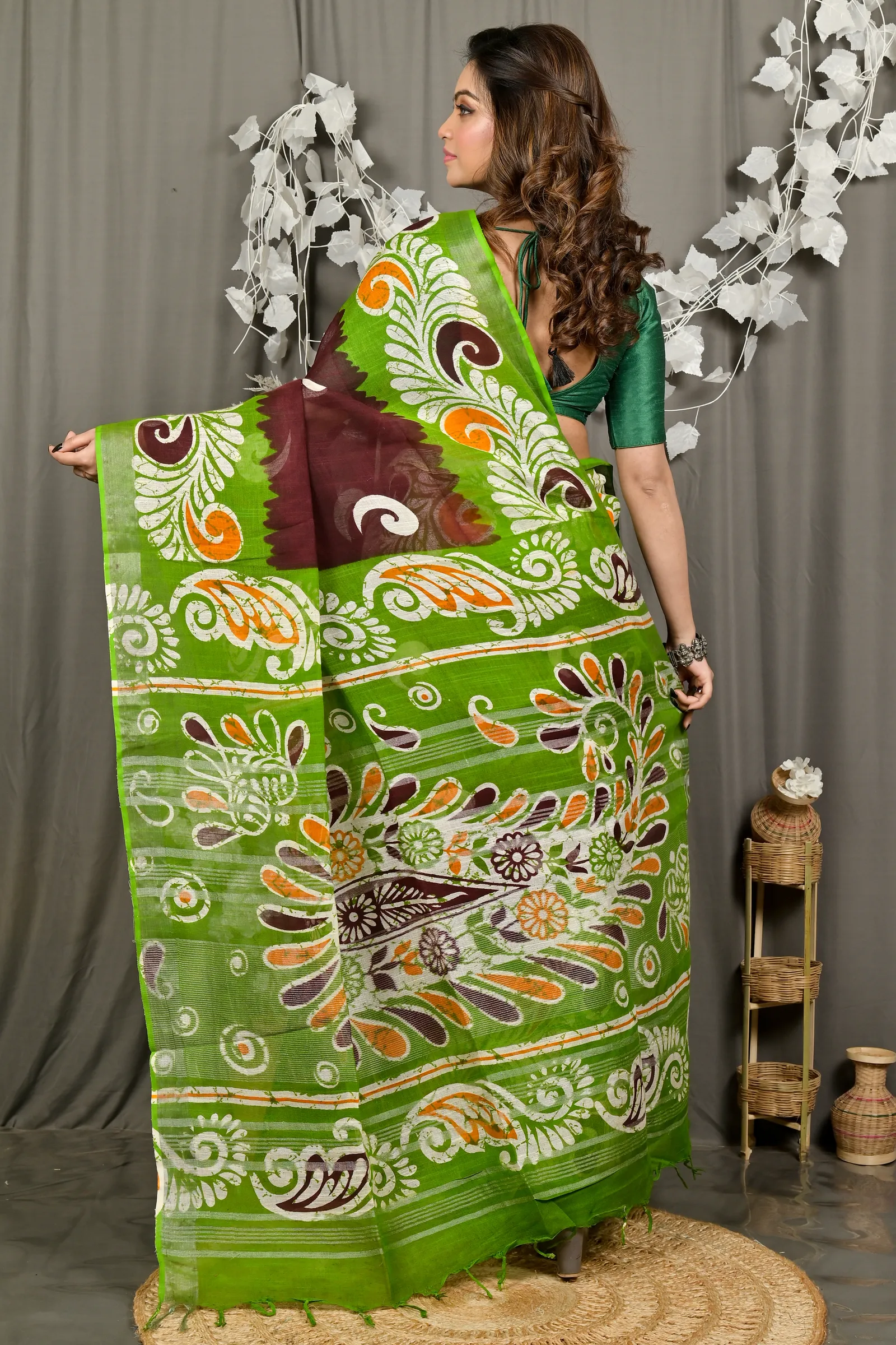 DipDiya Pure Cotton Green Brown Dinesi Grace of Bengal Batik Print Sarees