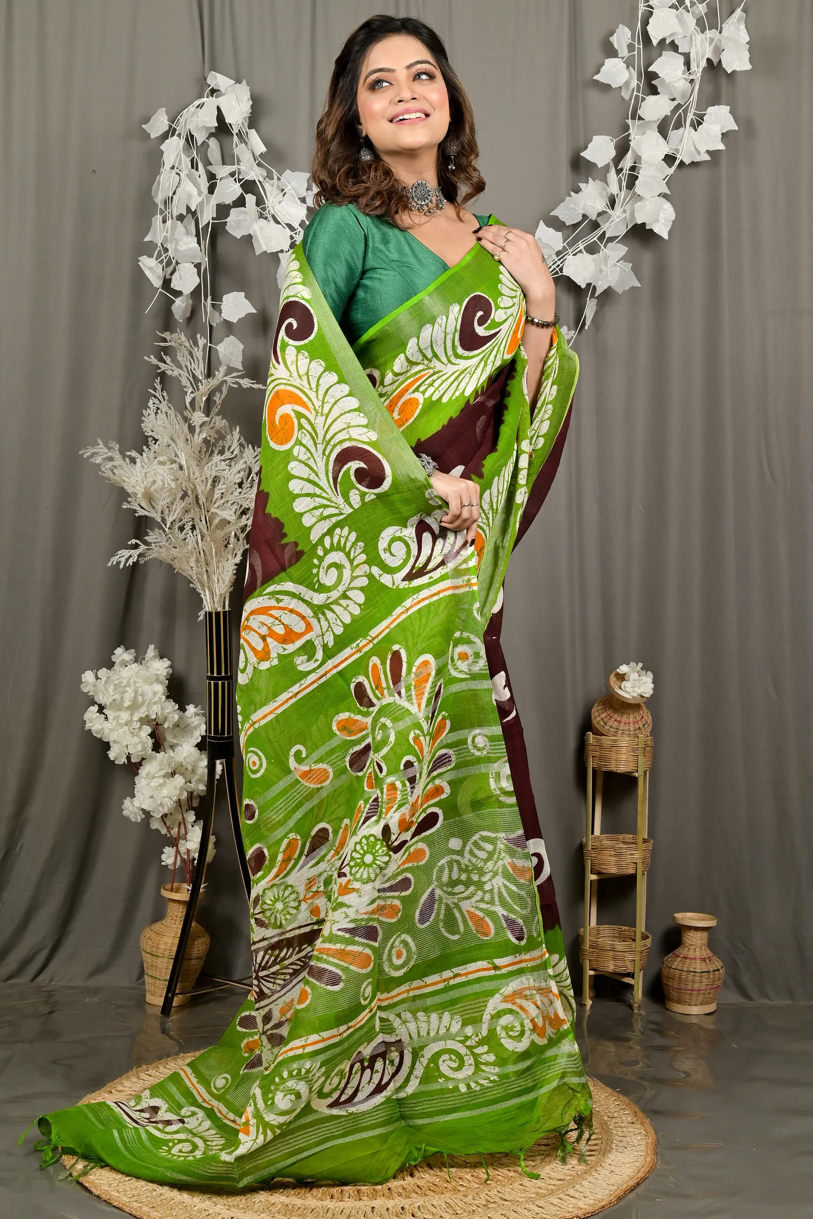 DipDiya Pure Cotton Green Brown Dinesi Grace of Bengal Batik Print Sarees
