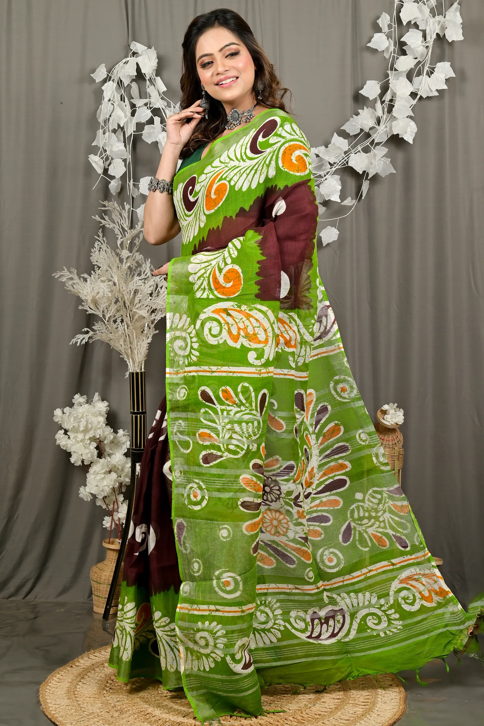 DipDiya Pure Cotton Green Brown Dinesi Grace of Bengal Batik Print Sarees