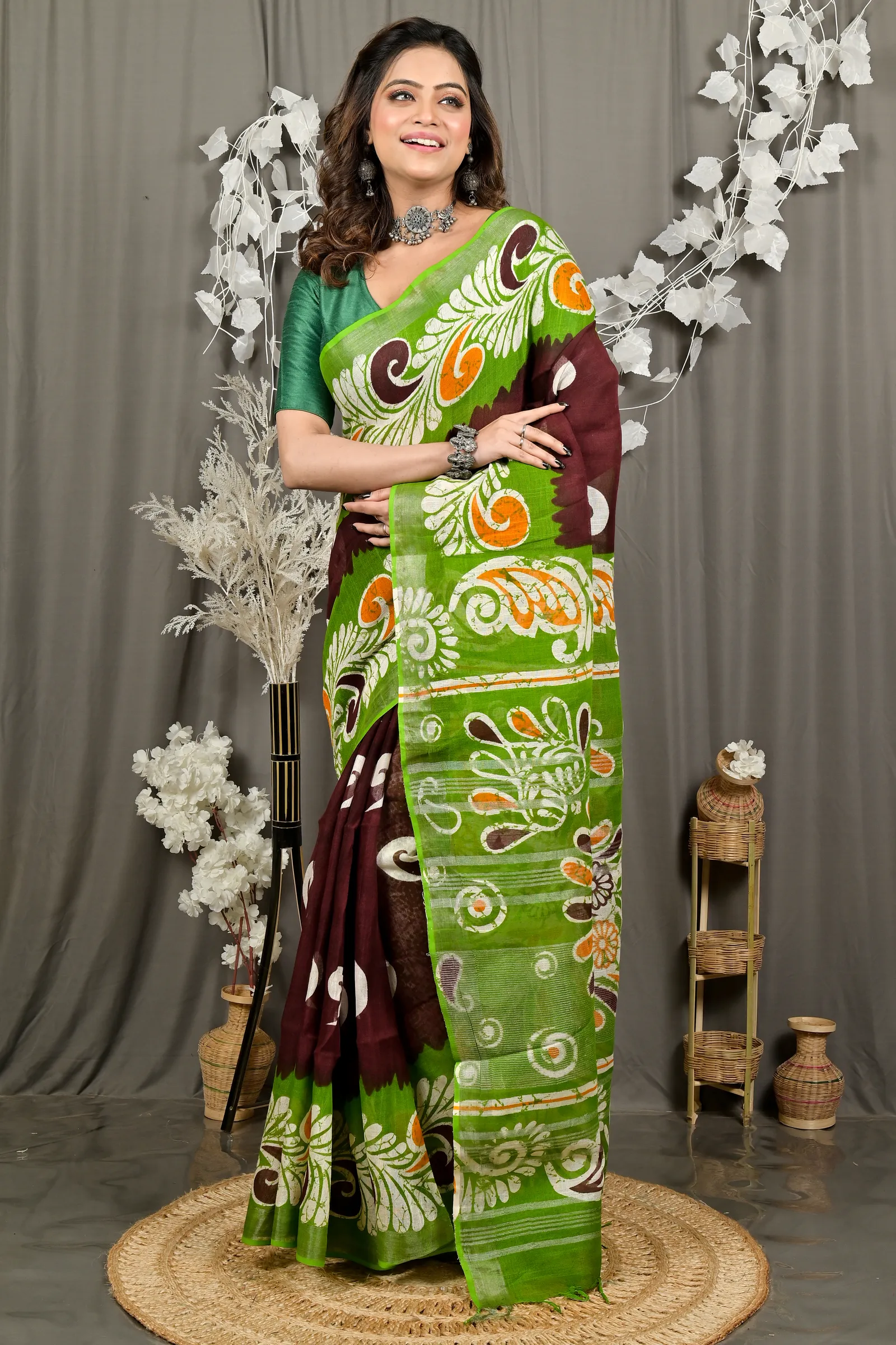 DipDiya Pure Cotton Green Brown Dinesi Grace of Bengal Batik Print Sarees