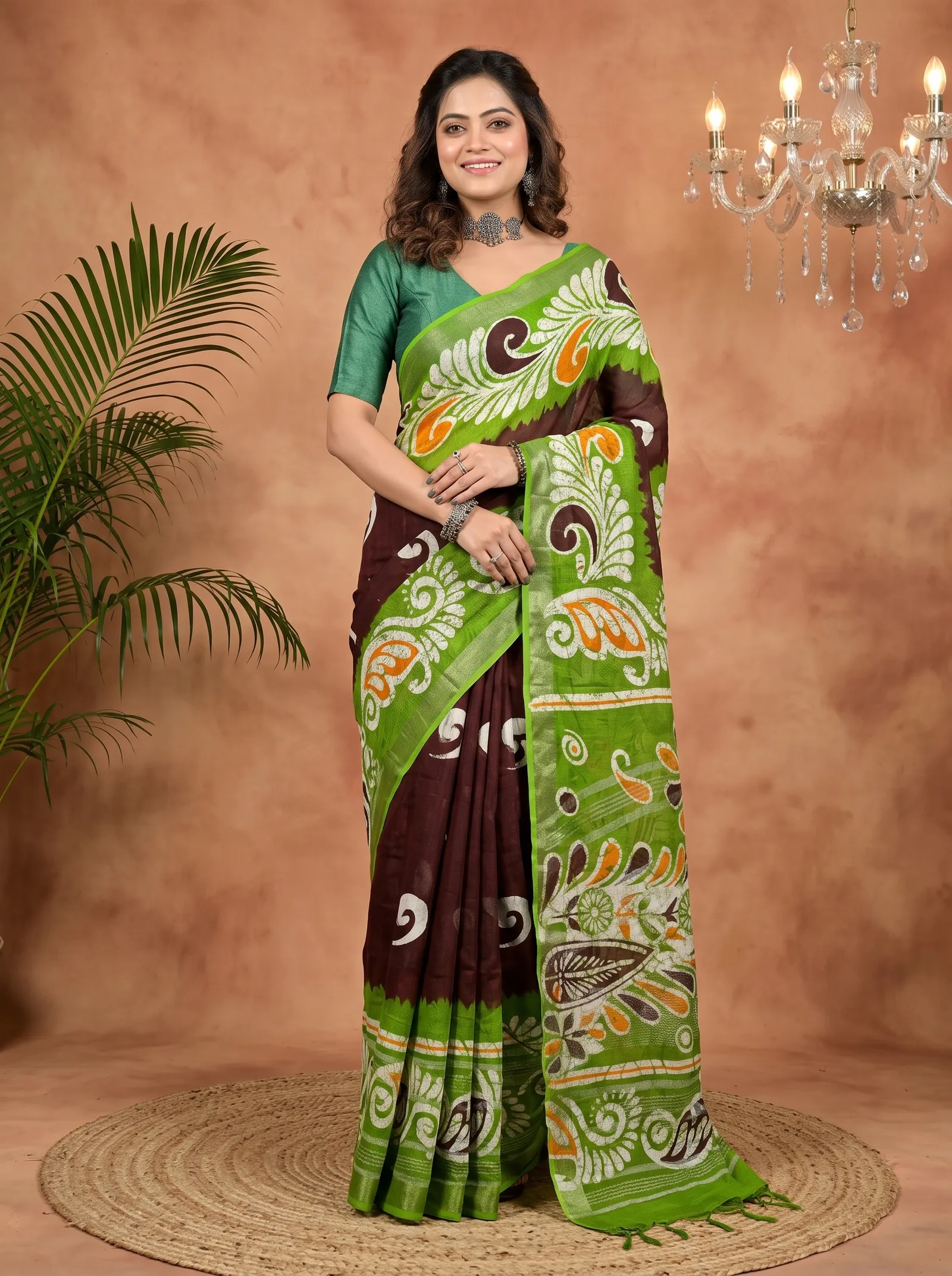 DipDiya Pure Cotton Green Brown Dinesi Grace of Bengal Batik Print Sarees