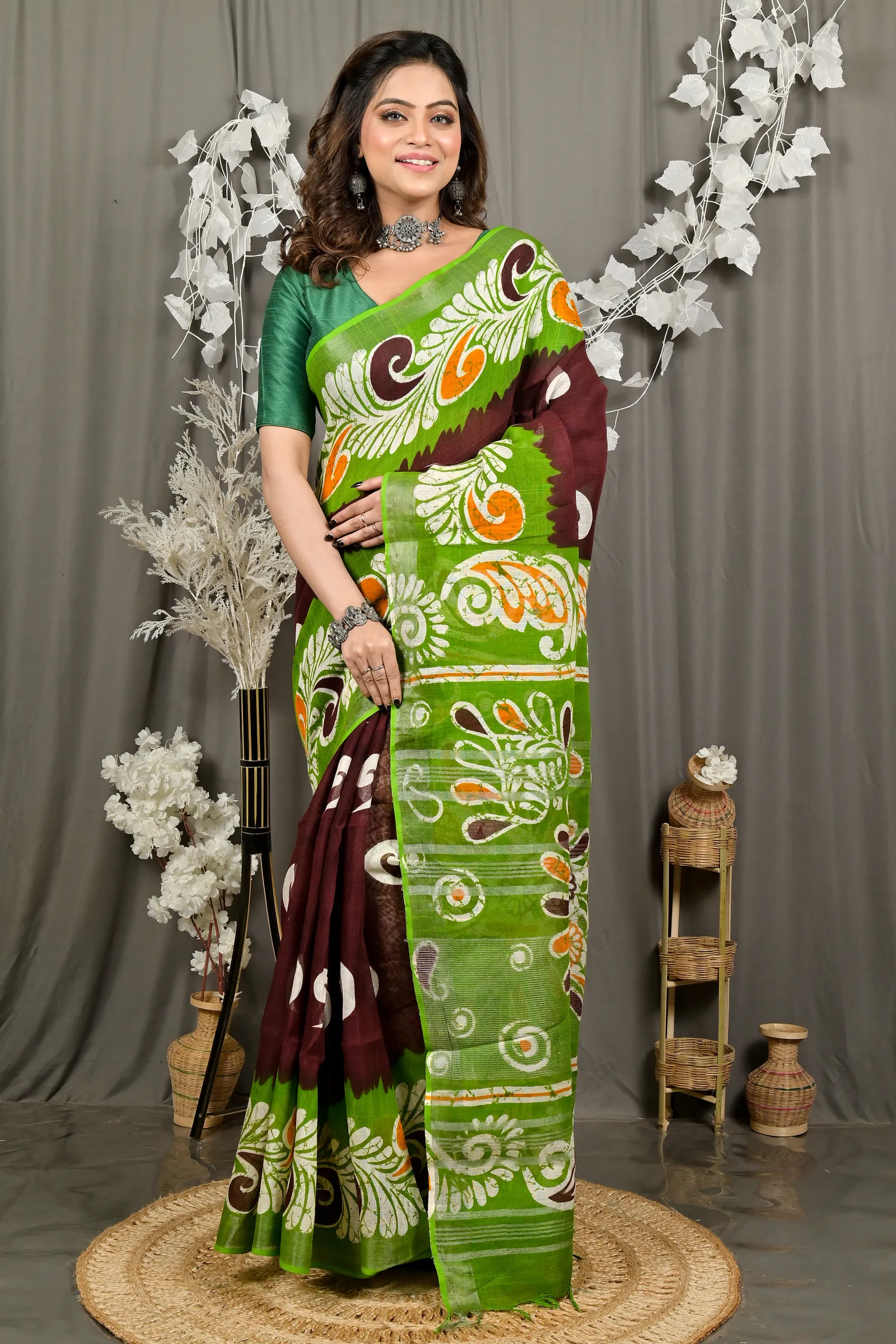 DipDiya Pure Cotton Green Brown Dinesi Grace of Bengal Batik Print Sarees