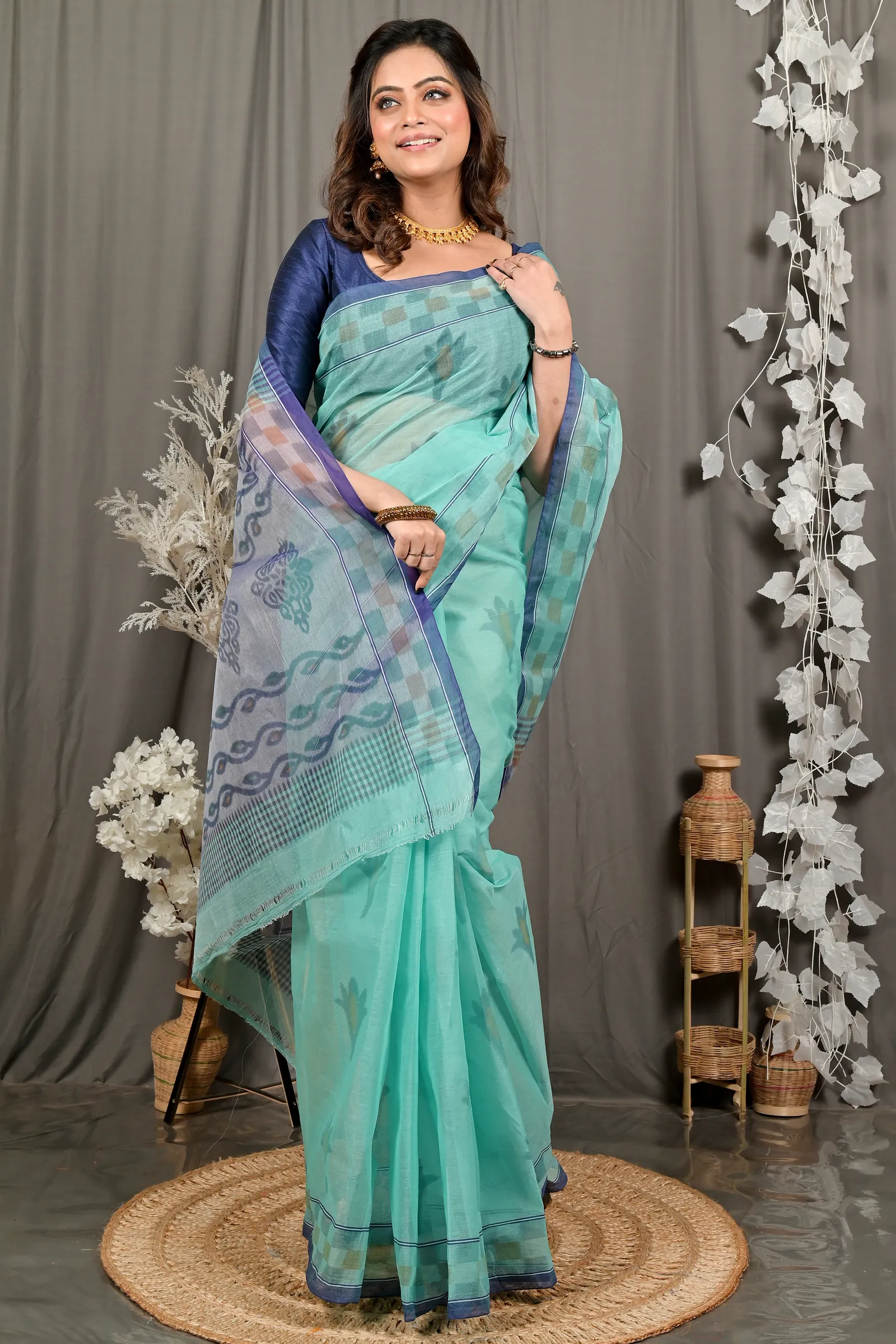 DipDiya Pure Cotton Green Devai Loom to Love Printed Tant Sarees