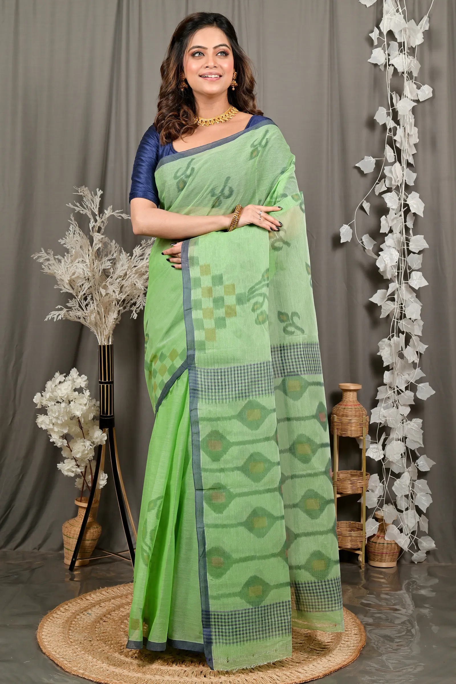 DipDiya Pure Cotton Green Dipui Threads of Tradition Printed Tant Sarees