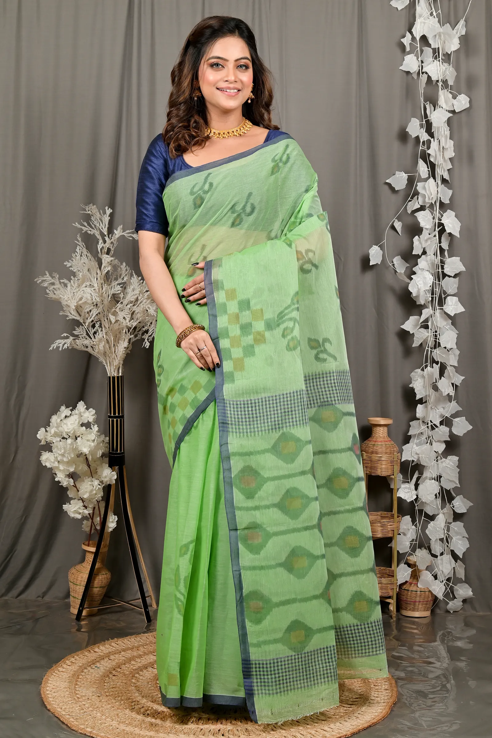 DipDiya Pure Cotton Green Dipui Threads of Tradition Printed Tant Sarees