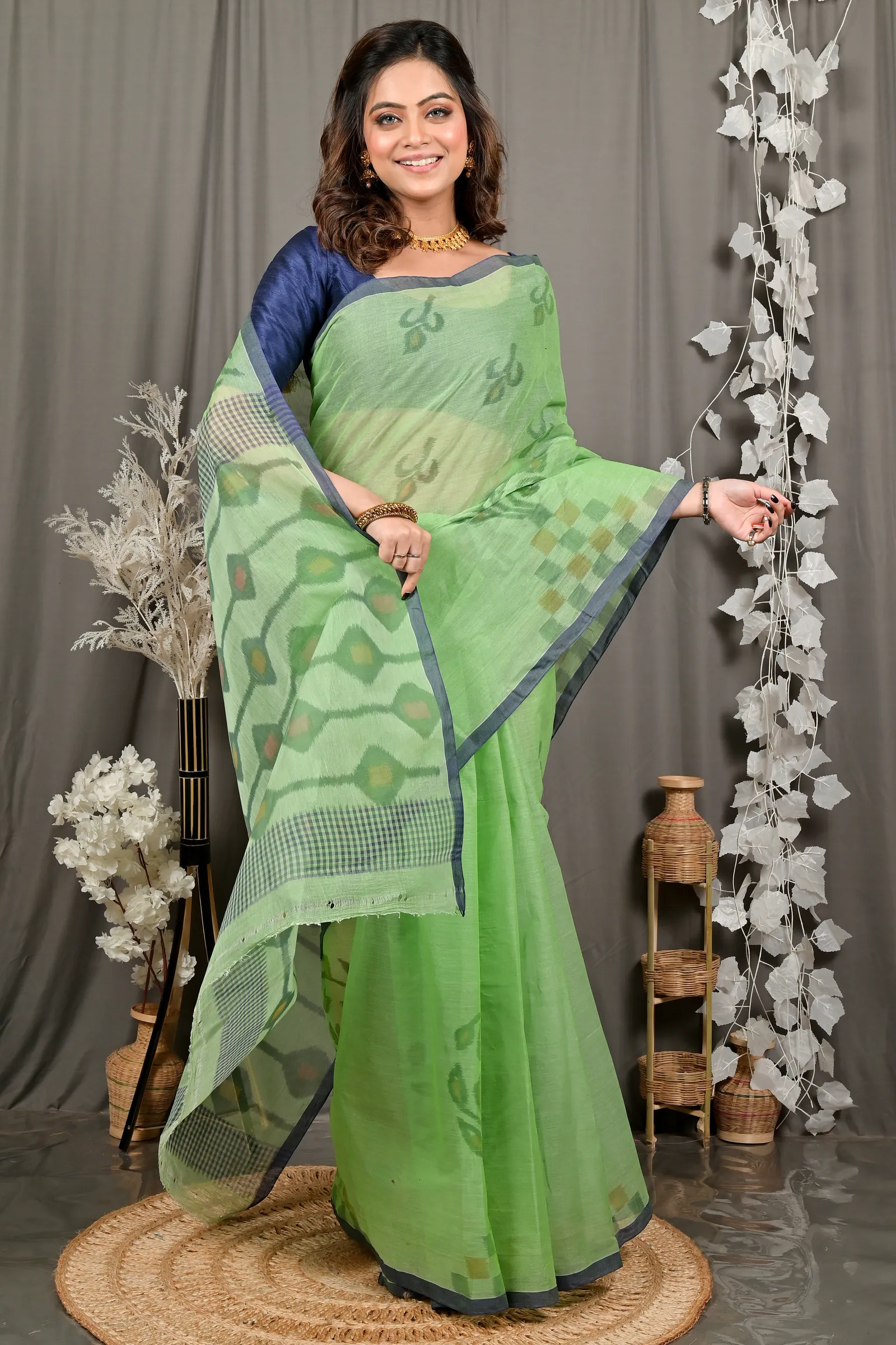 DipDiya Pure Cotton Green Dipui Threads of Tradition Printed Tant Sarees