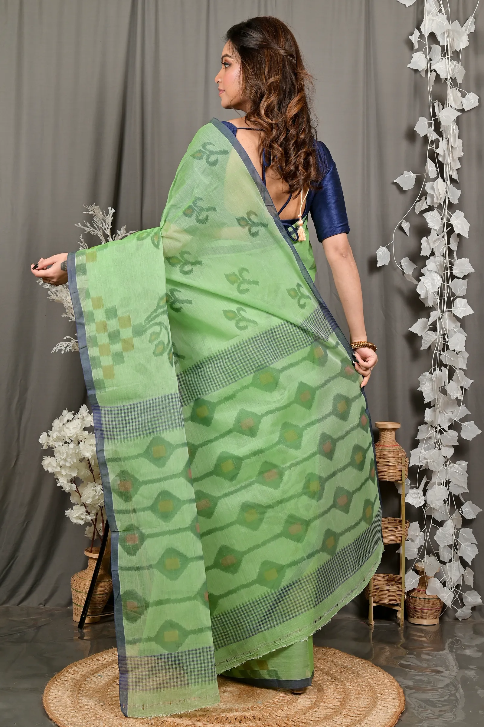 DipDiya Pure Cotton Green Dipui Threads of Tradition Printed Tant Sarees