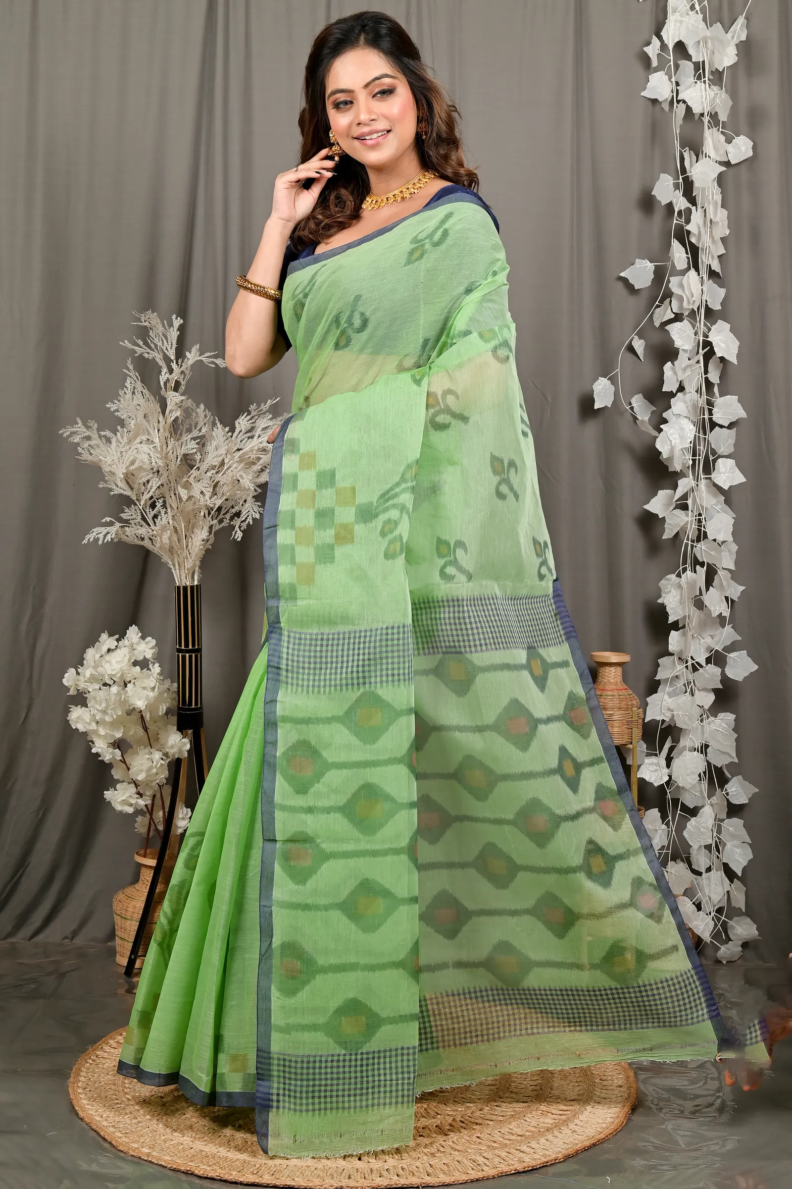 DipDiya Pure Cotton Green Dipui Threads of Tradition Printed Tant Sarees