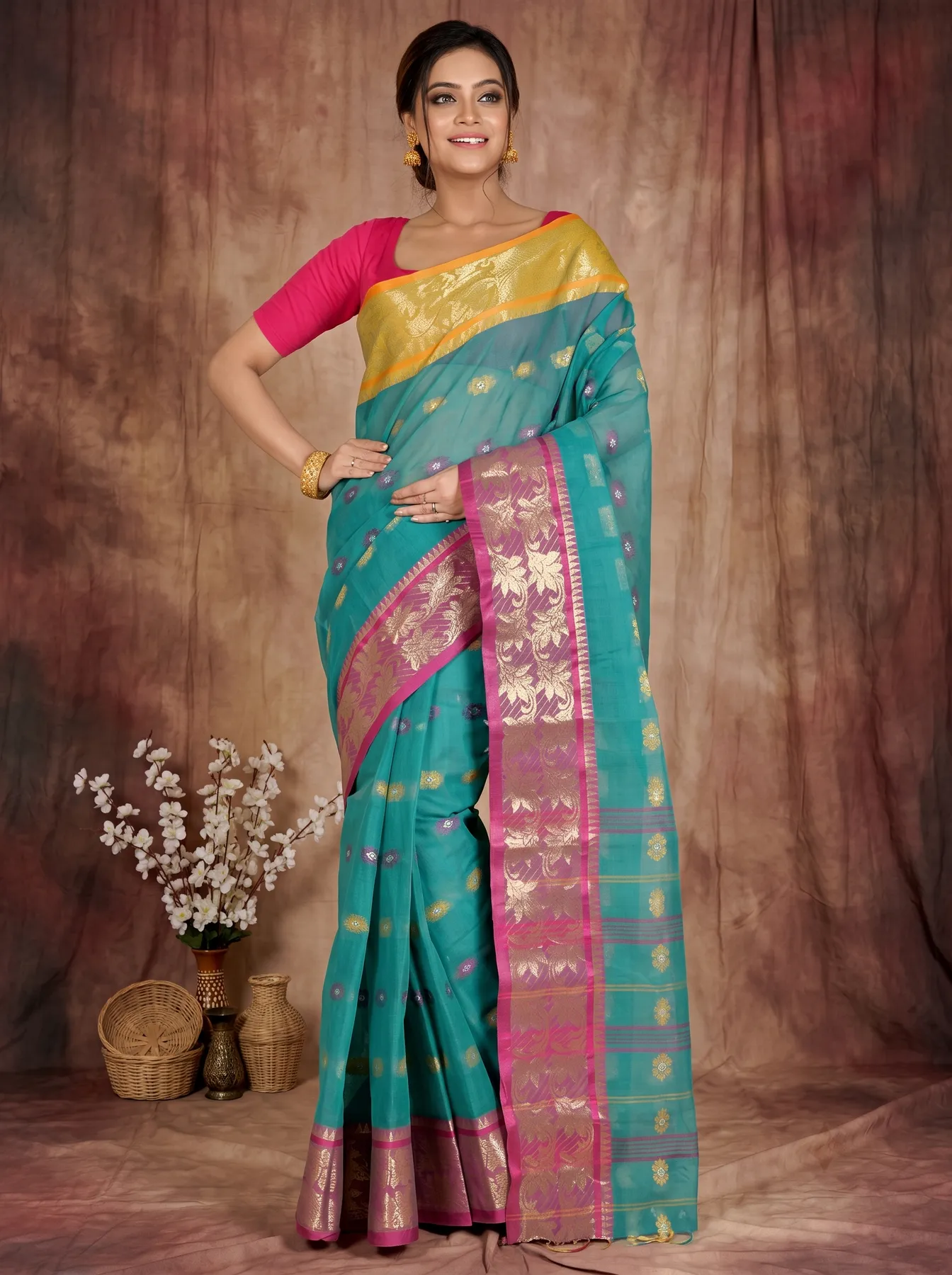 DipDiya Pure Cotton Green Dui Has Traditional Bengali Tant Sarees