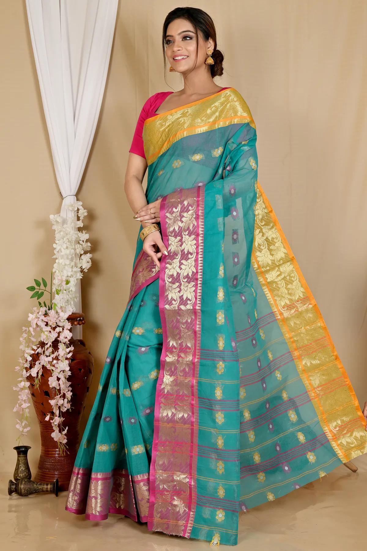 DipDiya Pure Cotton Green Dui Has Traditional Bengali Tant Sarees