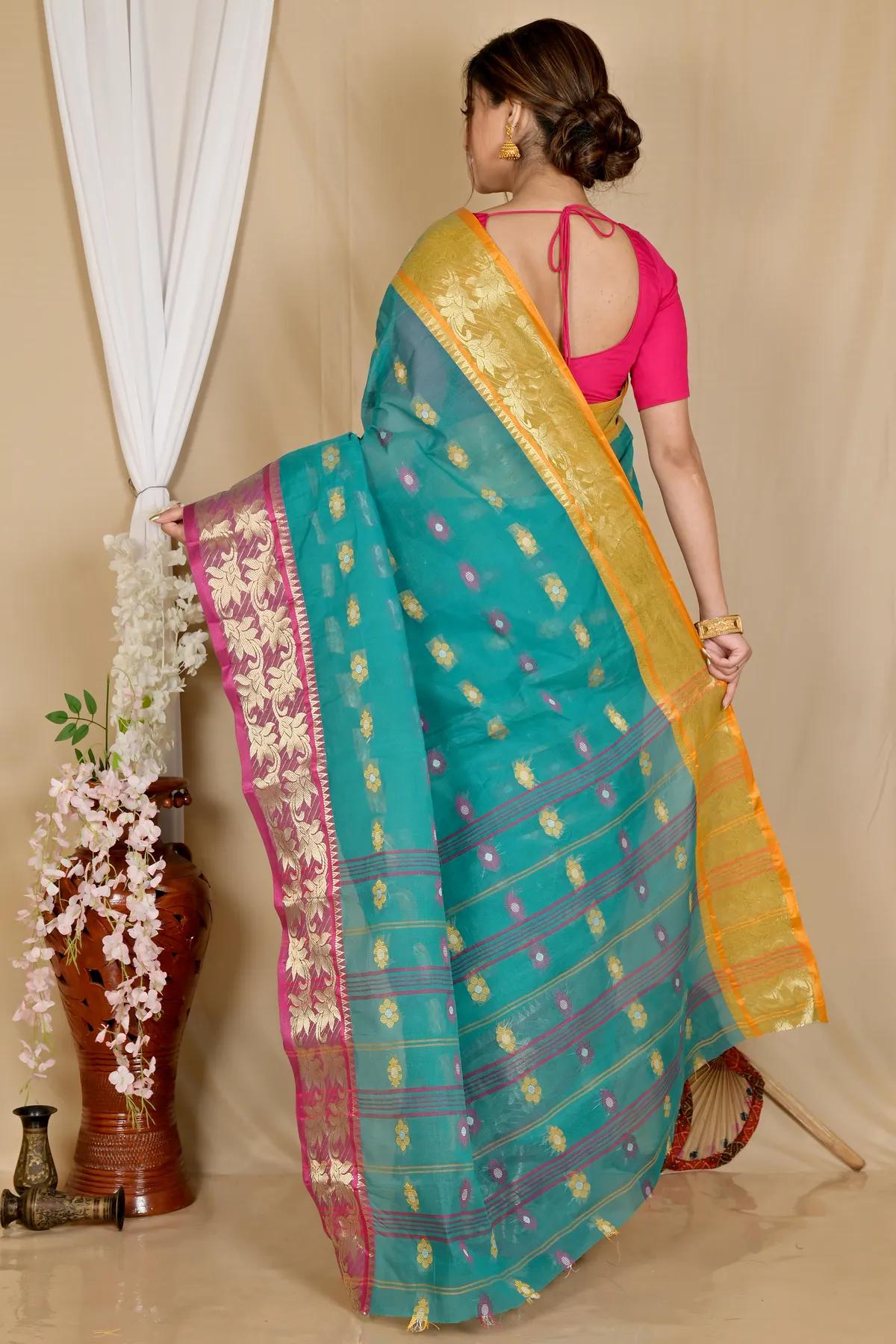 DipDiya Pure Cotton Green Dui Has Traditional Bengali Tant Sarees