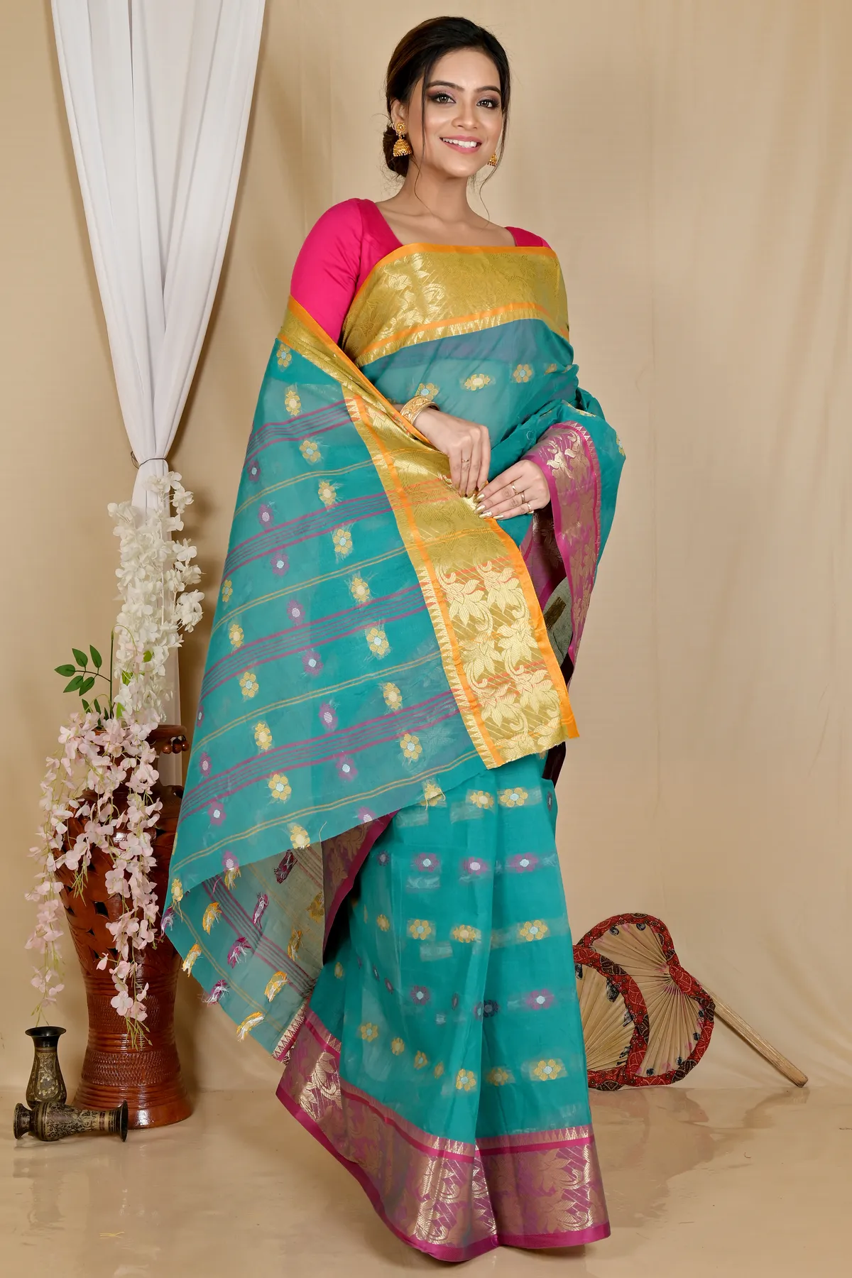 DipDiya Pure Cotton Green Dui Has Traditional Bengali Tant Sarees