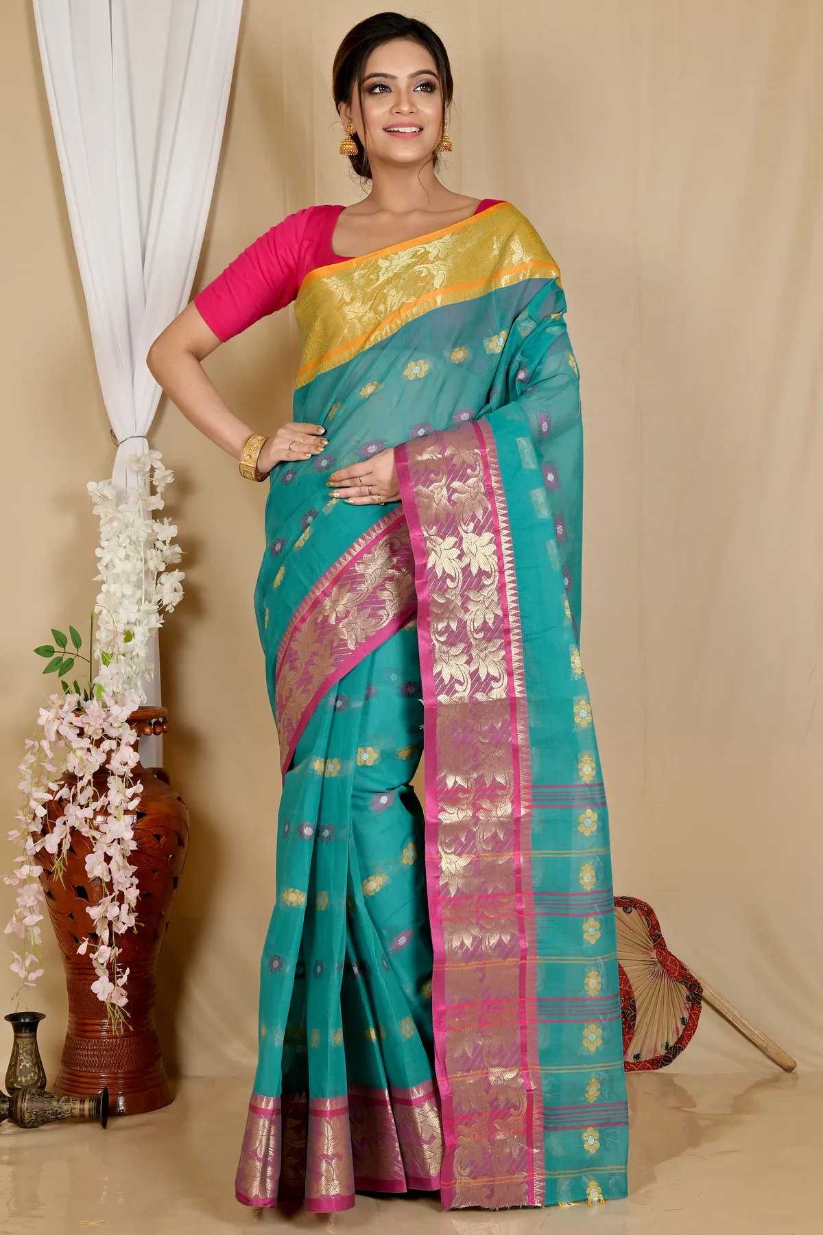 DipDiya Pure Cotton Green Dui Has Traditional Bengali Tant Sarees
