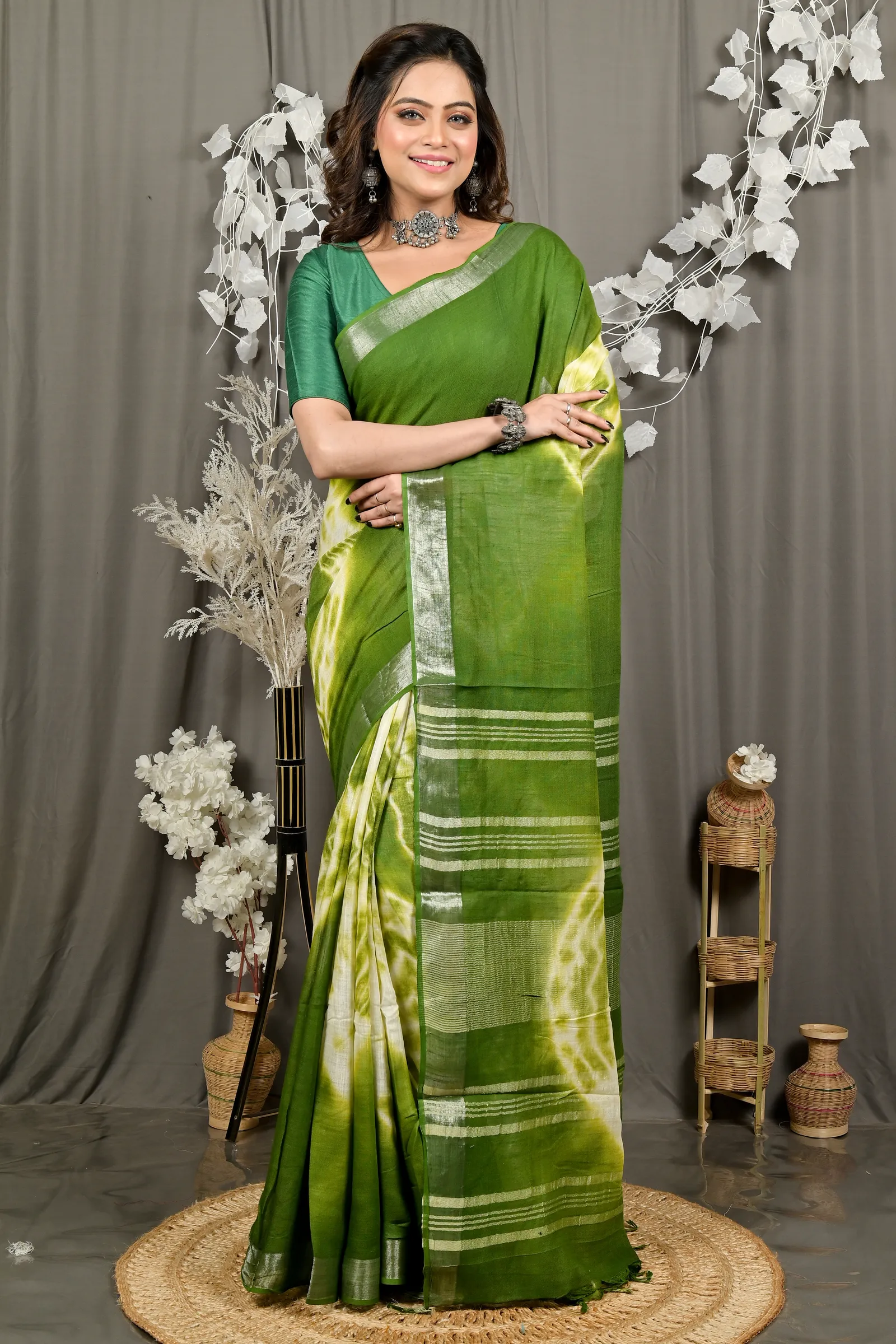 DipDiya Pure Cotton Green Finui Timeless Bengal Handloom Sarees