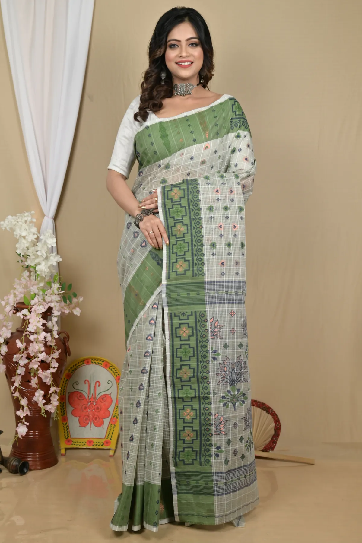 DipDiya Pure Cotton Green Ginni A Legacy Woven Jamdani Sarees