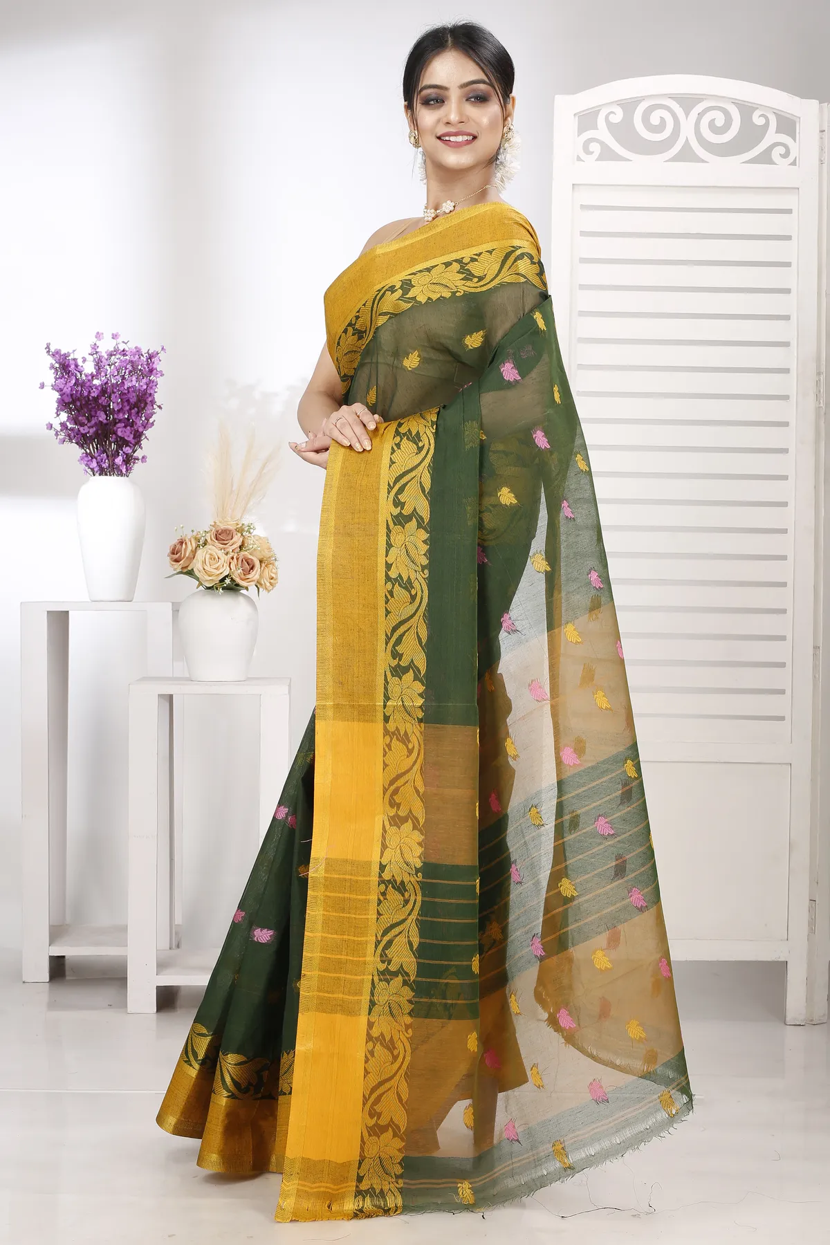 DipDiya Pure Cotton Green Guti Heritage of Bengal Tant Sarees