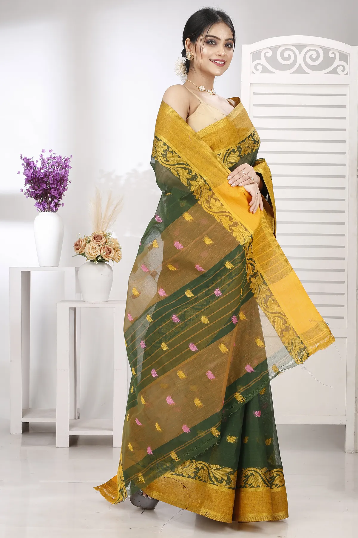 DipDiya Pure Cotton Green Guti Heritage of Bengal Tant Sarees