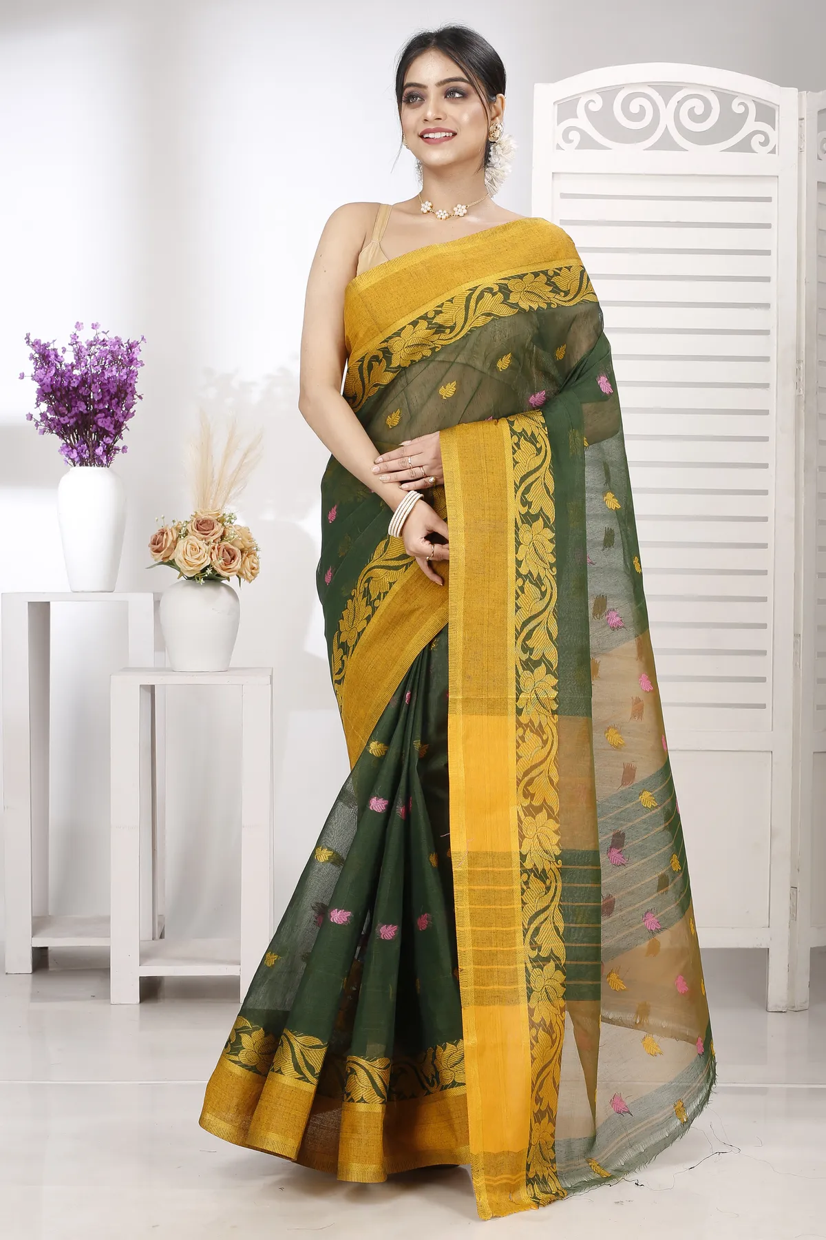 DipDiya Pure Cotton Green Guti Heritage of Bengal Tant Sarees