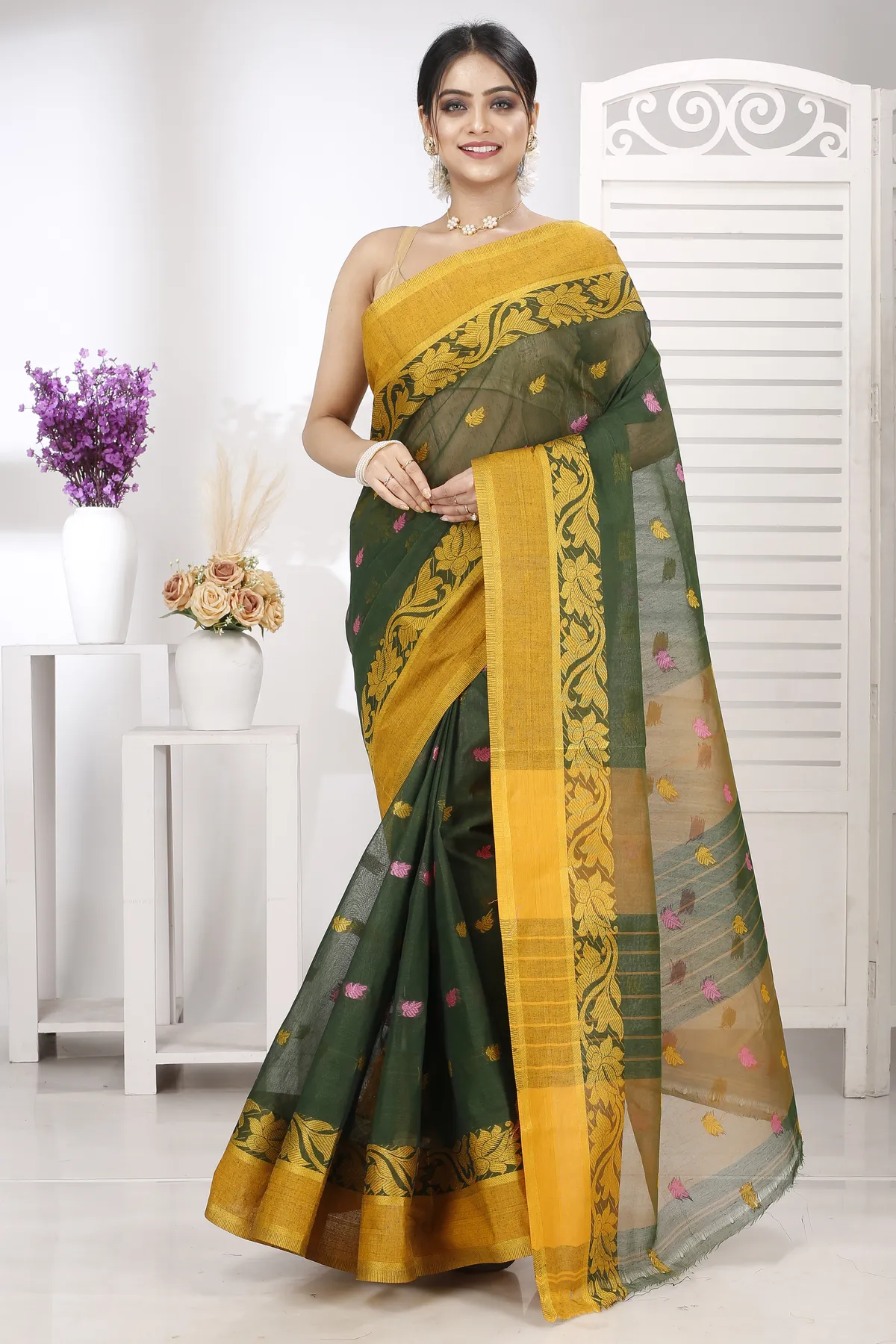 DipDiya Pure Cotton Green Guti Heritage of Bengal Tant Sarees