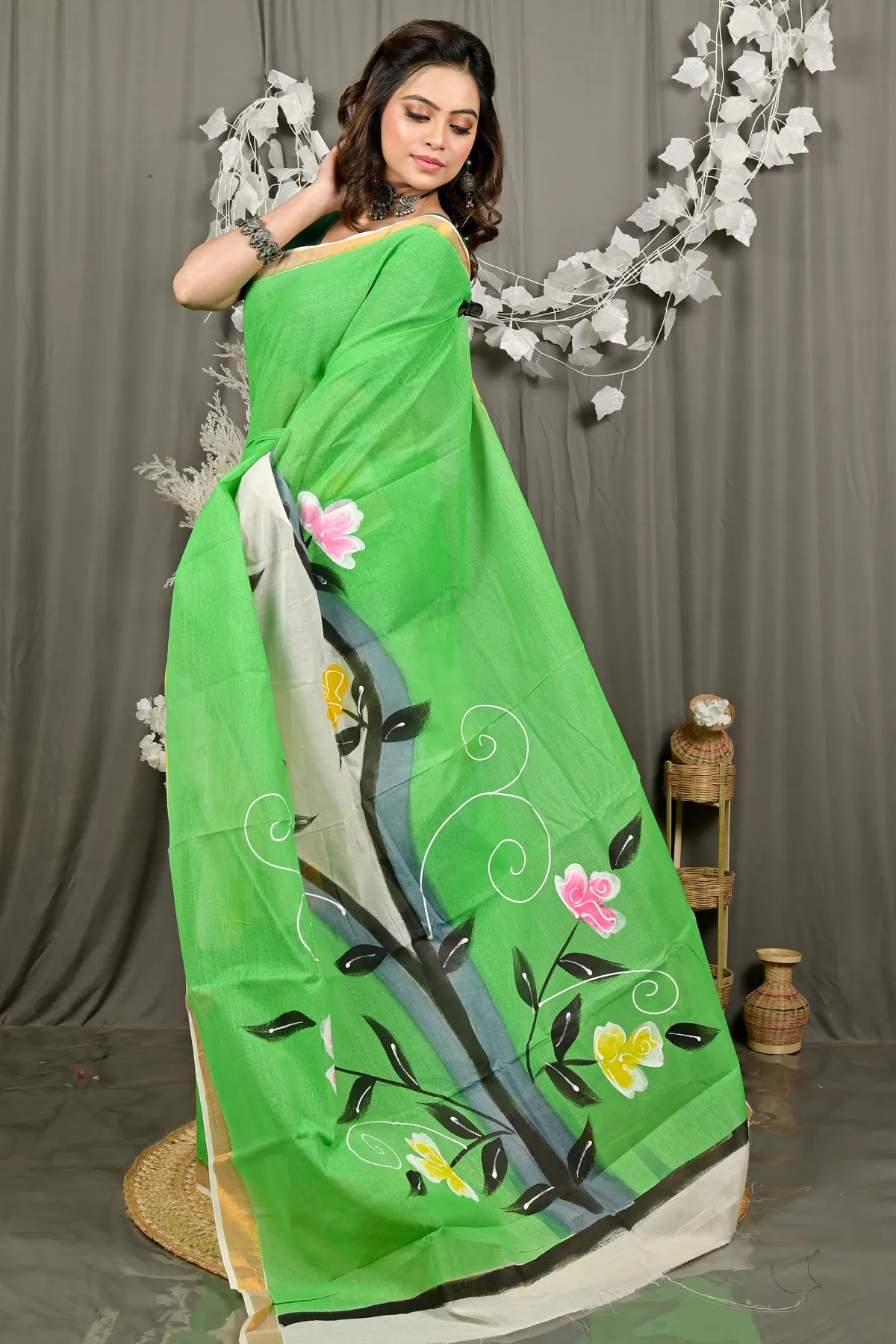 DipDiya Pure Cotton Green Hataka Woven with Tradition Hand Painted Sarees