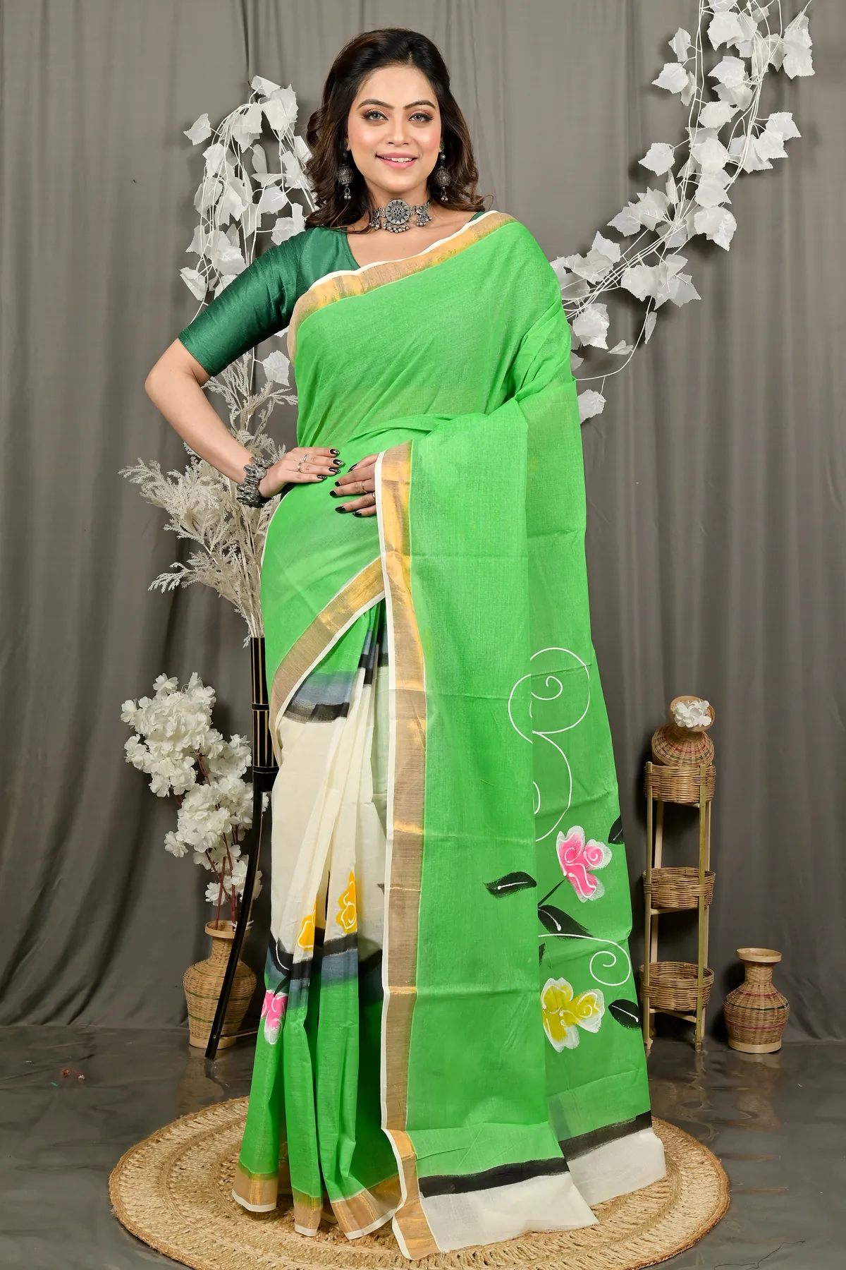 DipDiya Pure Cotton Green Hataka Woven with Tradition Hand Painted Sarees