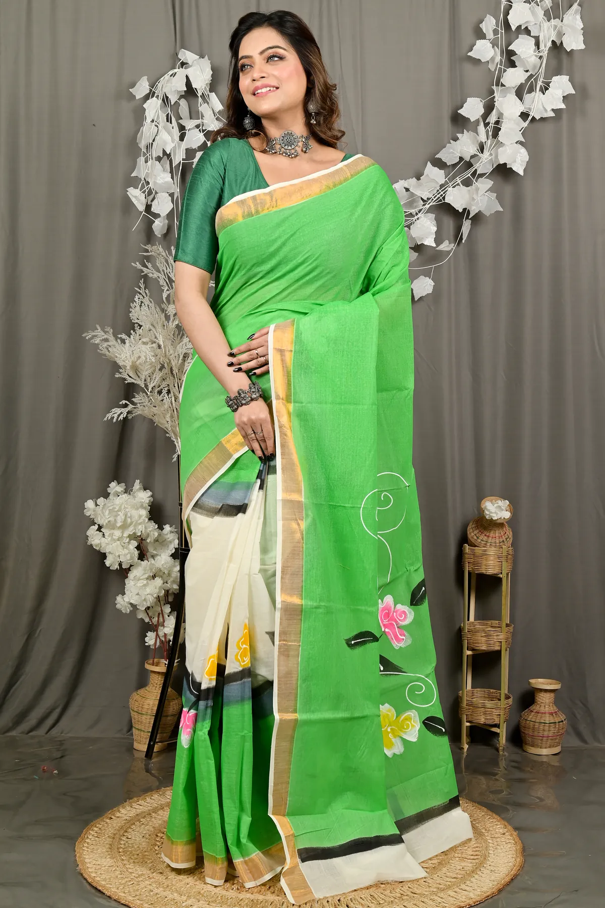 DipDiya Pure Cotton Green Hataka Woven with Tradition Hand Painted Sarees