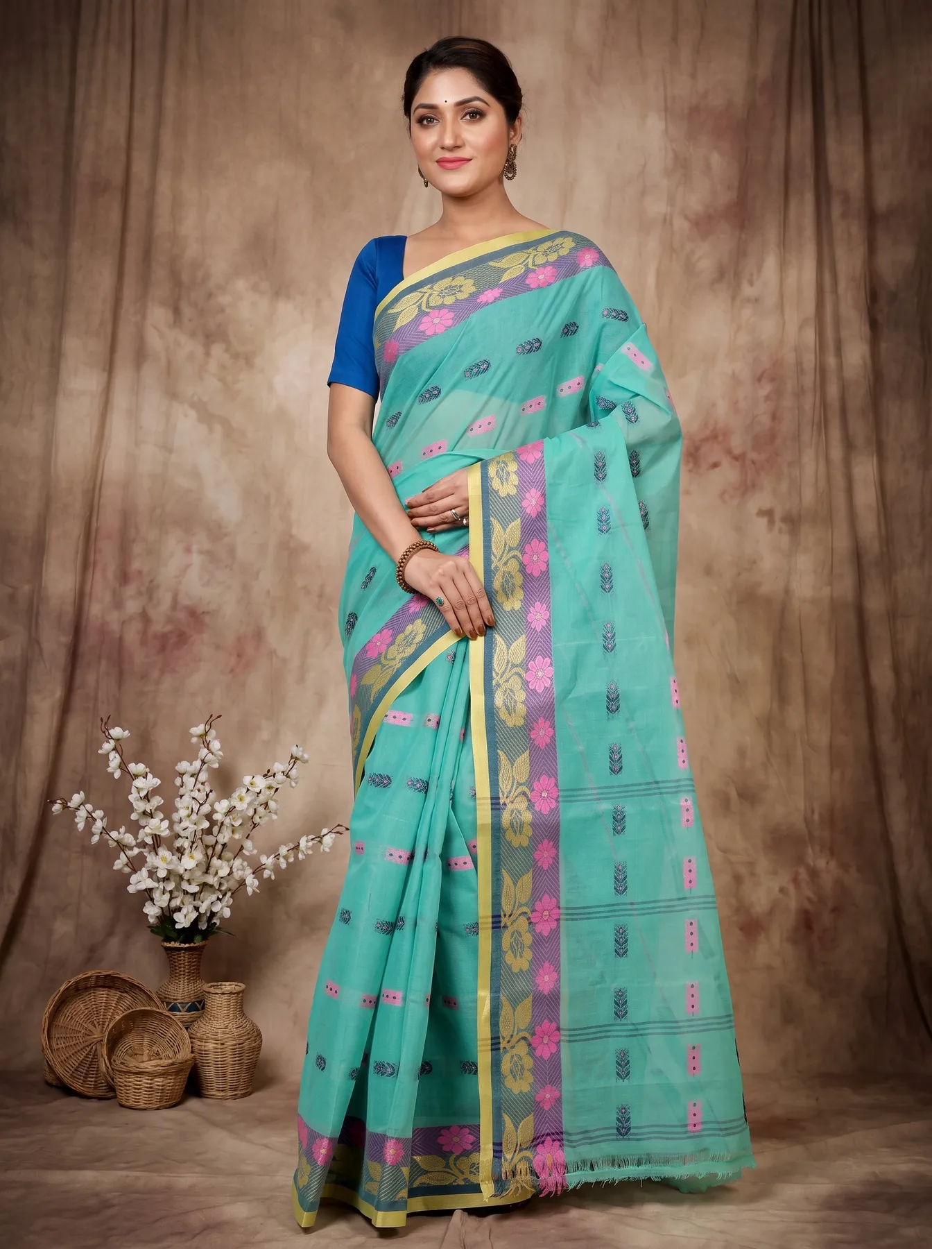 DipDiya Pure Cotton Green Helok Handloom Heritage Tant Sarees