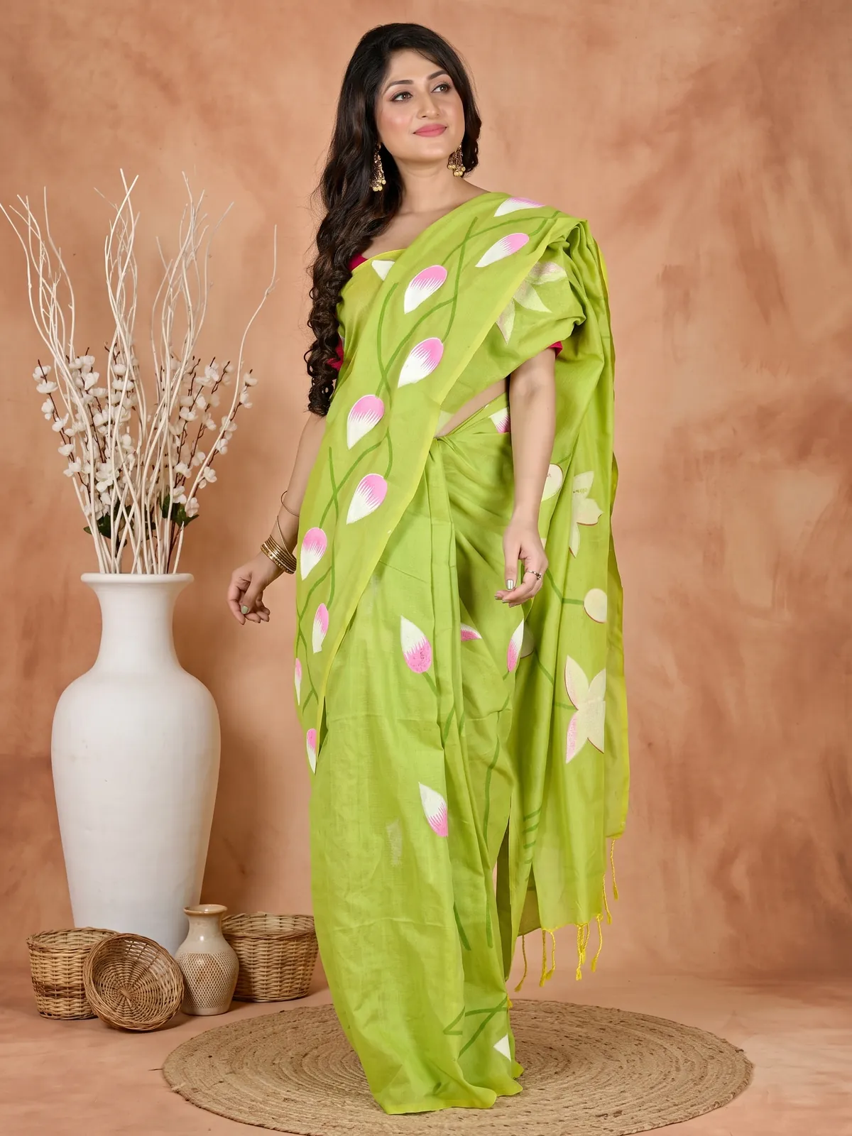 DipDiya Pure Cotton Green Kamal Pure Bengali Grace Hand Painted Sarees