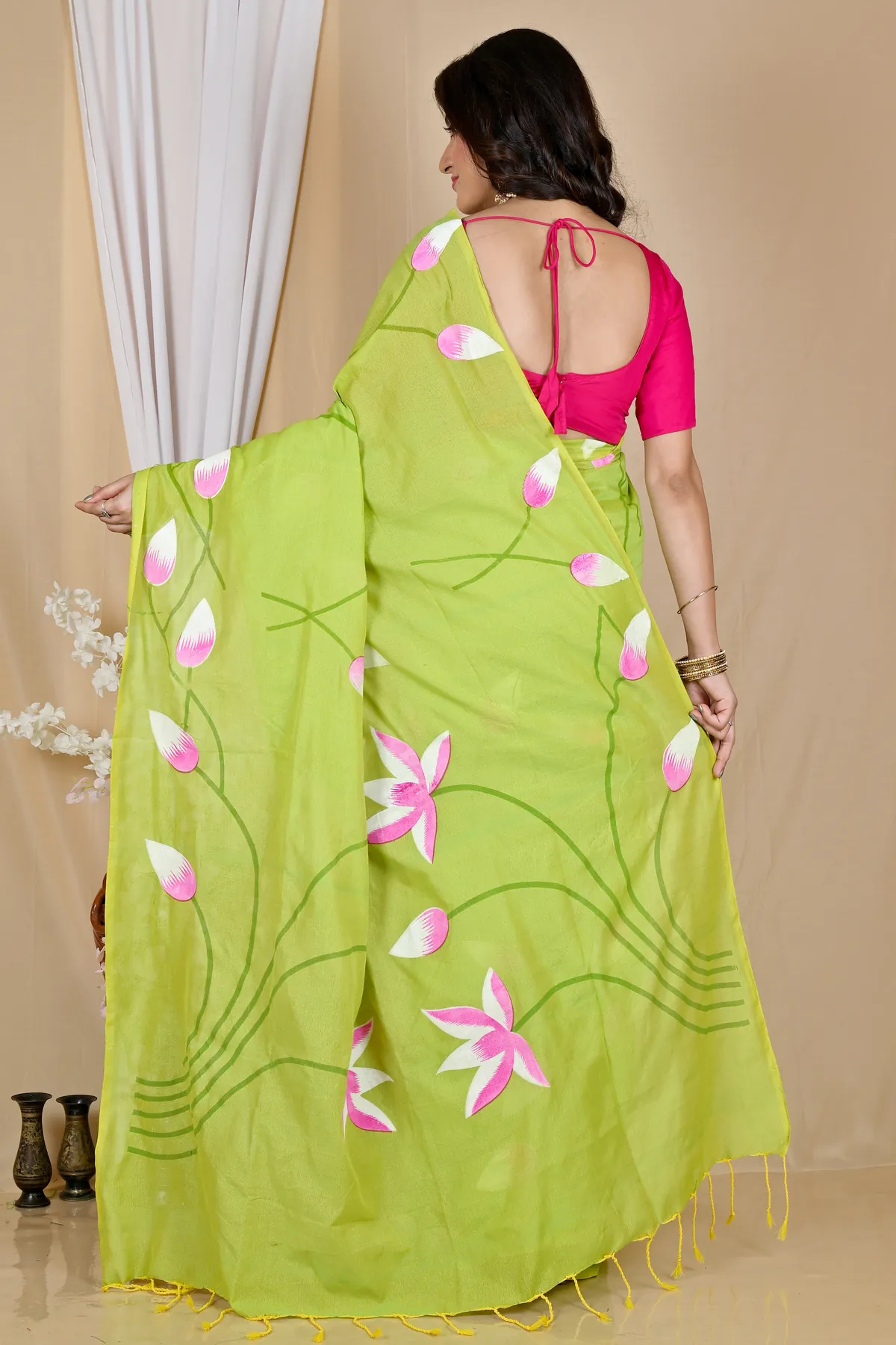 DipDiya Pure Cotton Green Kamal Pure Bengali Grace Hand Painted Sarees