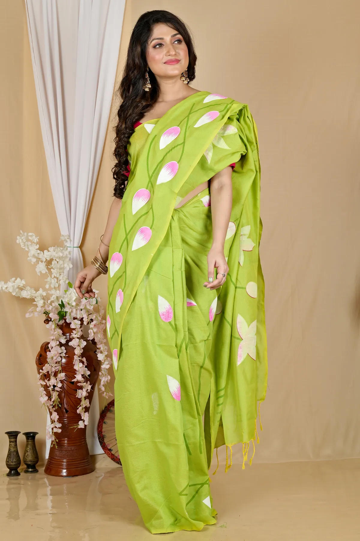 DipDiya Pure Cotton Green Kamal Pure Bengali Grace Hand Painted Sarees