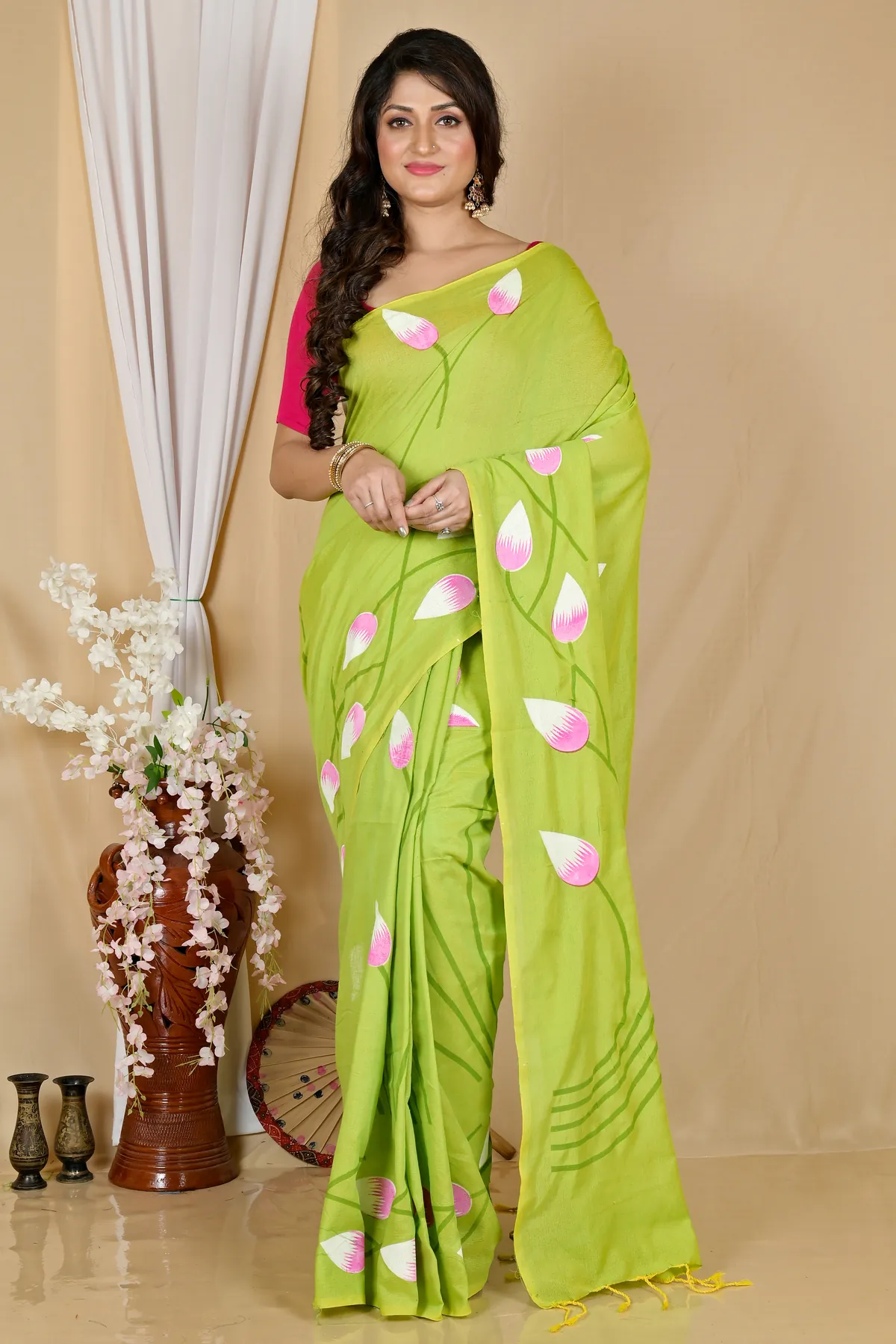 DipDiya Pure Cotton Green Kamal Pure Bengali Grace Hand Painted Sarees