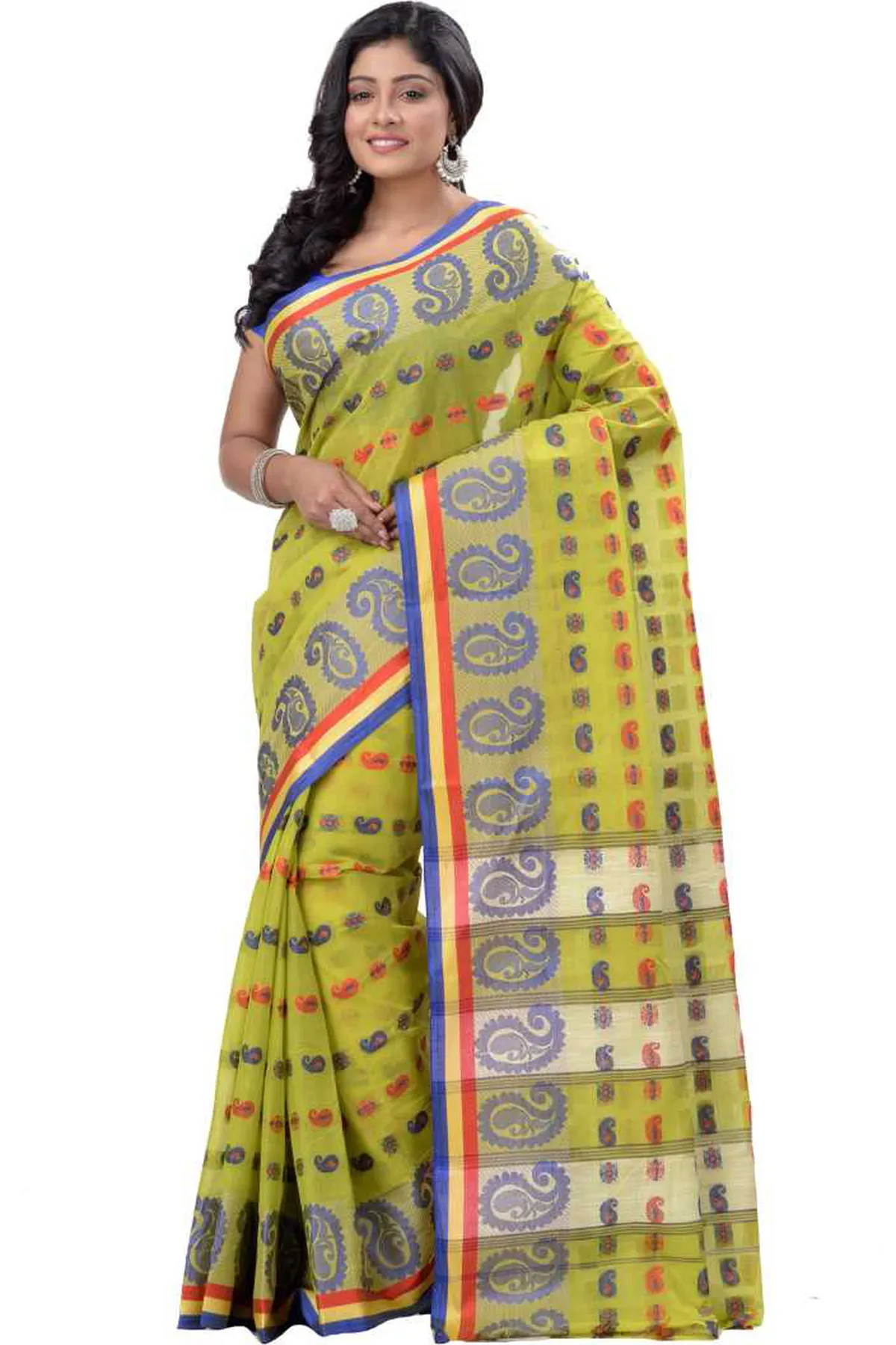 DipDiya Pure Cotton Green Kanak Chur Classic Bengali Tant Sarees