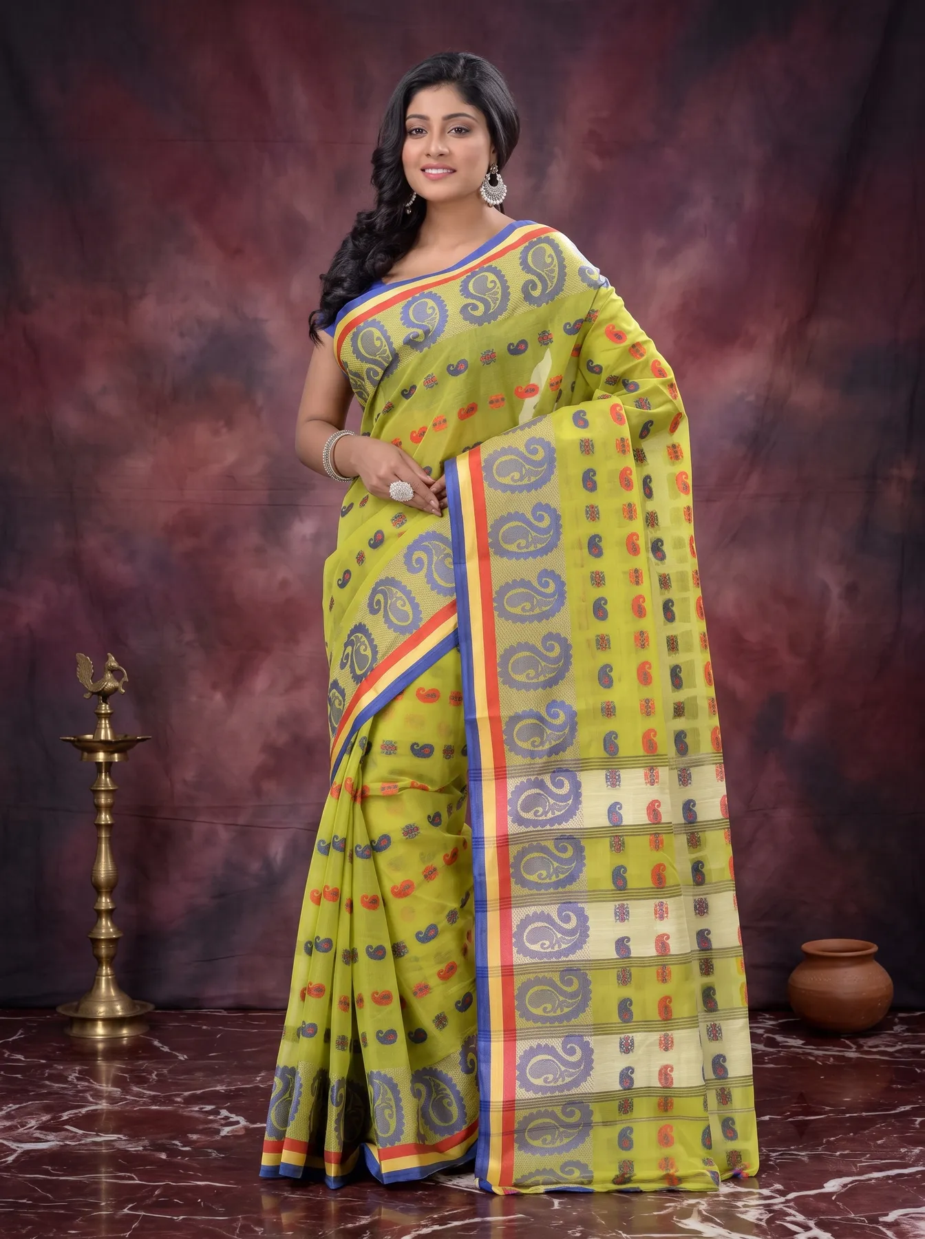 DipDiya Pure Cotton Green Kanak Chur Classic Bengali Tant Sarees