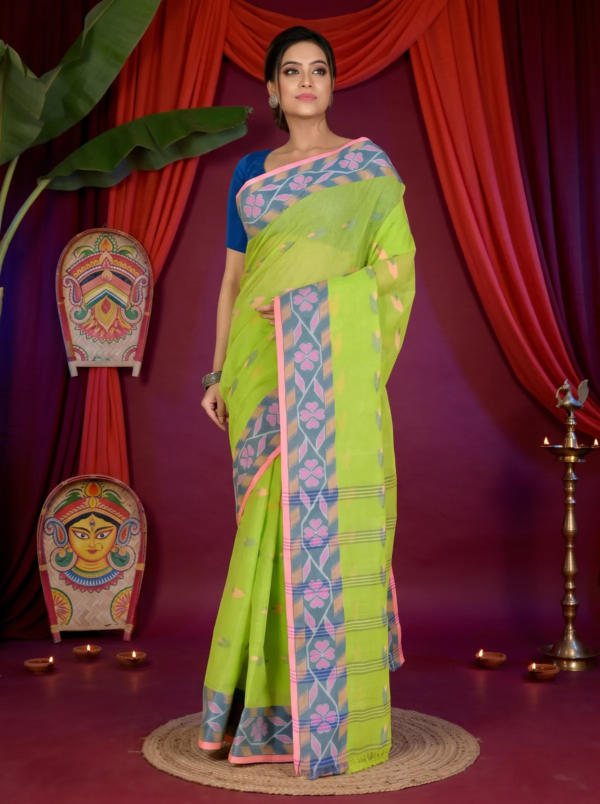 DipDiya Pure Cotton Green Komtai Classic Bengali Tant Sarees