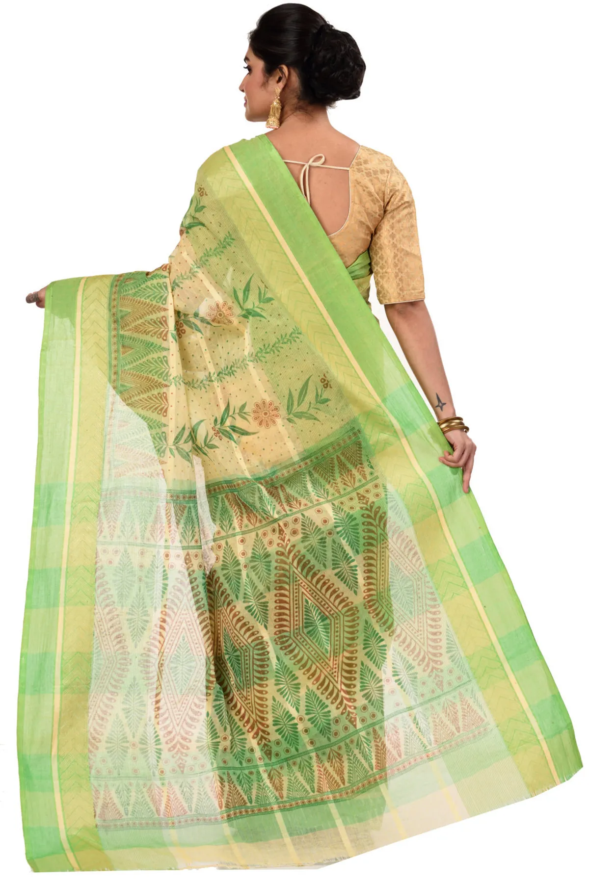 DipDiya Pure Cotton Green Lata Pata Bengali Heritage Printed Tant Sarees